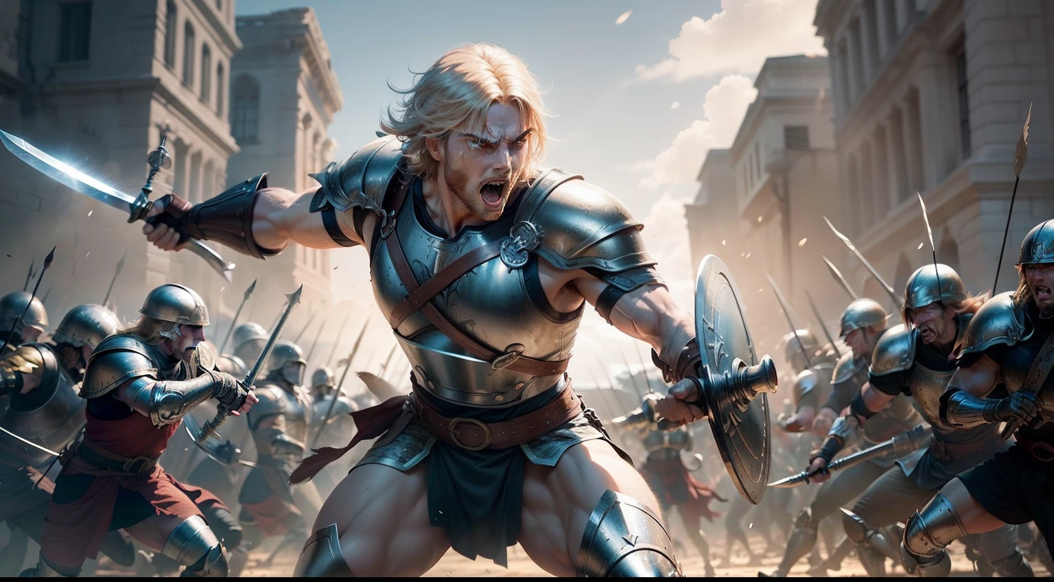 A dynamic scene of Achilles in battle, his sword and shield glinting in the sunlight as he charges forward with a battle cry.