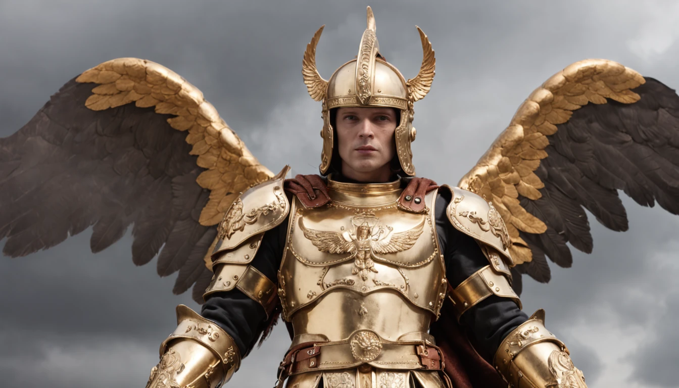 Ultra-realistic angelic figure of Michael the Archangel in his golden divine armor with wings spread with a fire sword in hand in an apocalyptic setting and with dark smoke