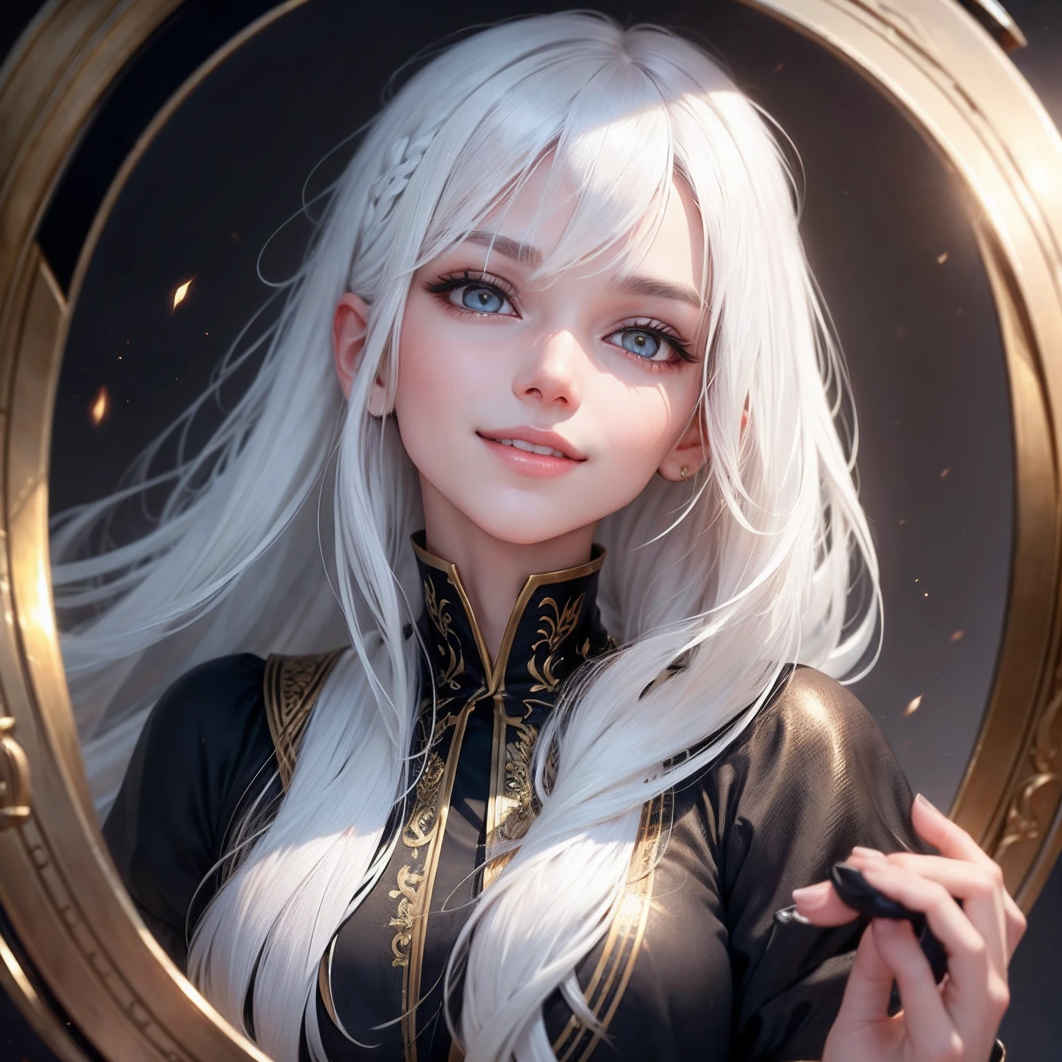 best quality, white hair, gold eyes, looking up, hair strand, Fair skin, smiling, black clothes, upper body, finger to the mouth