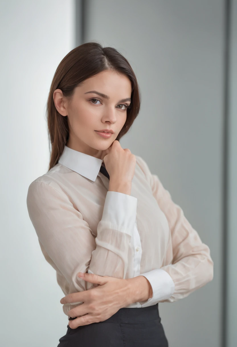 A beautiful naked young woman exuding an air of confidence and intellect in an elegant modern office space next to a complex financial graphic on the wall, You can feel your analytical mind at work, direct into the camera's gaze, ligeiramente sorridente, corpo inteiro, Medidas do modelo superior, office dress code, wearing goggles, cara bonito, with his right hand touching her pussy, ainda muito profissional, Directed by: Alejandro Burdisio