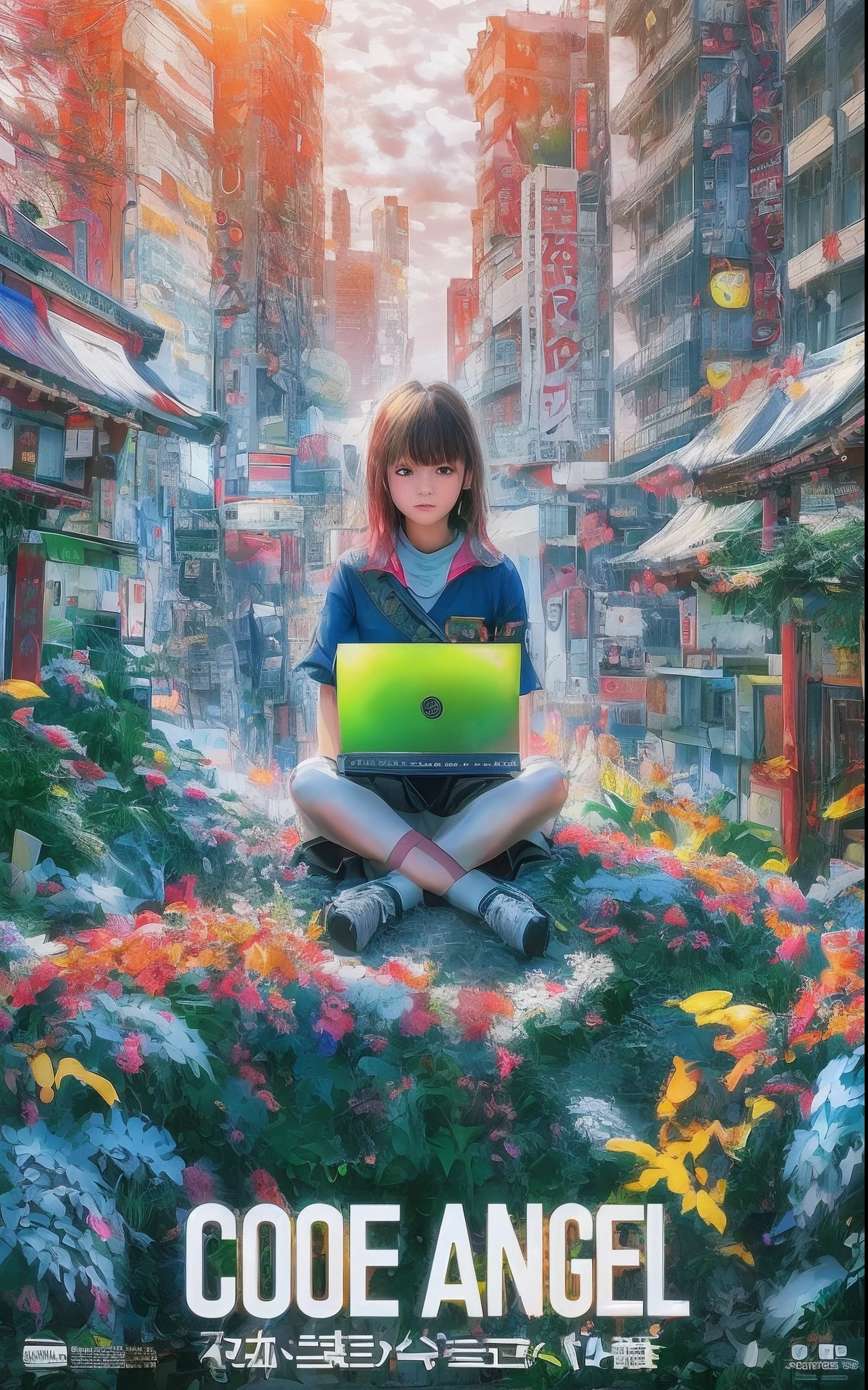 Movie Photography Movie Posters, Showing a 13-year-old girl sitting at a shrine in the valley between buildings in Akihabara, tokyo prefecture, Working with a laptop. The morning sun is shining. 8K, Best Rendering, Top Text Says "Code Angel"