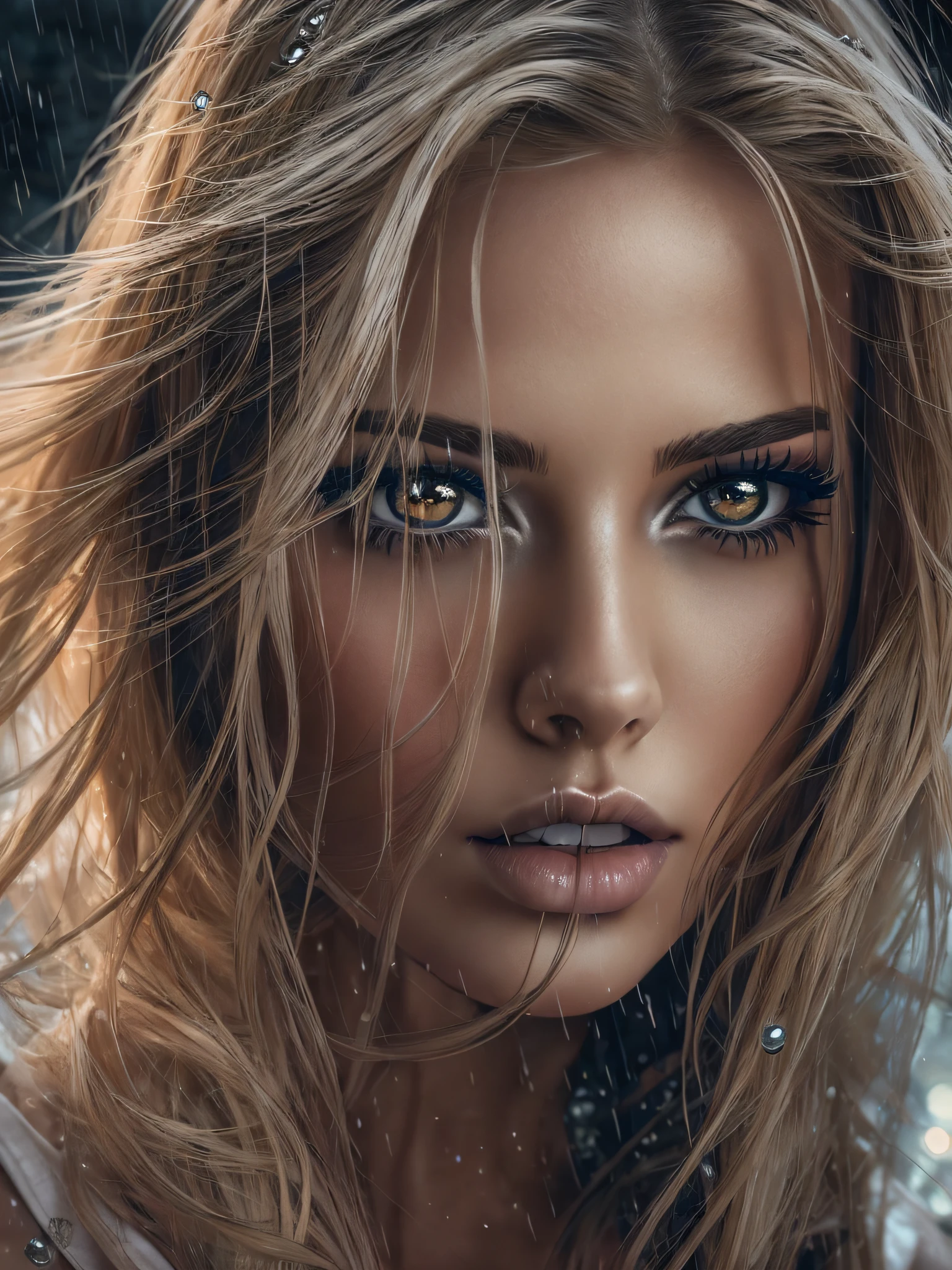 Full body from a woman with long blond hair, wearing only a sexy transparent open bathrobe, running in the city, realistic perfect face, beautiful woman face, glam make-up, dark eye make-up, dark brown hair and makeup, perfect face model, Arabella mist-splitter, perfect face ), beautiful lips:5 stylish, beautiful female face, attractive female face!!!, beautiful feminine face, beautiful makeup, perfect face!!. all wet on a rainy night, scared look, eerie, creepy, dark ambient, cinematic lights, ultra sharp focus, bird's eye view, high view, looking at the camera, raindrops.
