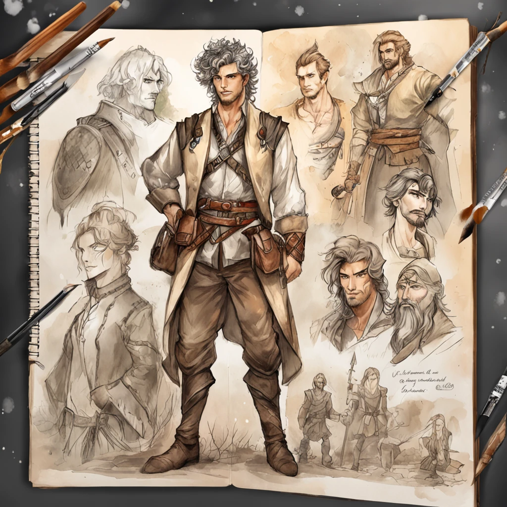 Realistic - Illustration - Pencil Art - Colorful - Anime - Man ((Branco)), ((guerreiro medieval)), senhor do caos, mestre da magia, em pose imponente, with enigmatic look, cabelo preto curto corte de cabelo estilo militar, vestindo roupas de couro de aventureiro, Rustic, The clothes are worn and dirty due to various battles, In the right hand is shining the magical power, ((magia)), ao fundo encontra-se uma vale, com montanhas e floresta no fundo, noite clara com lua cheia.