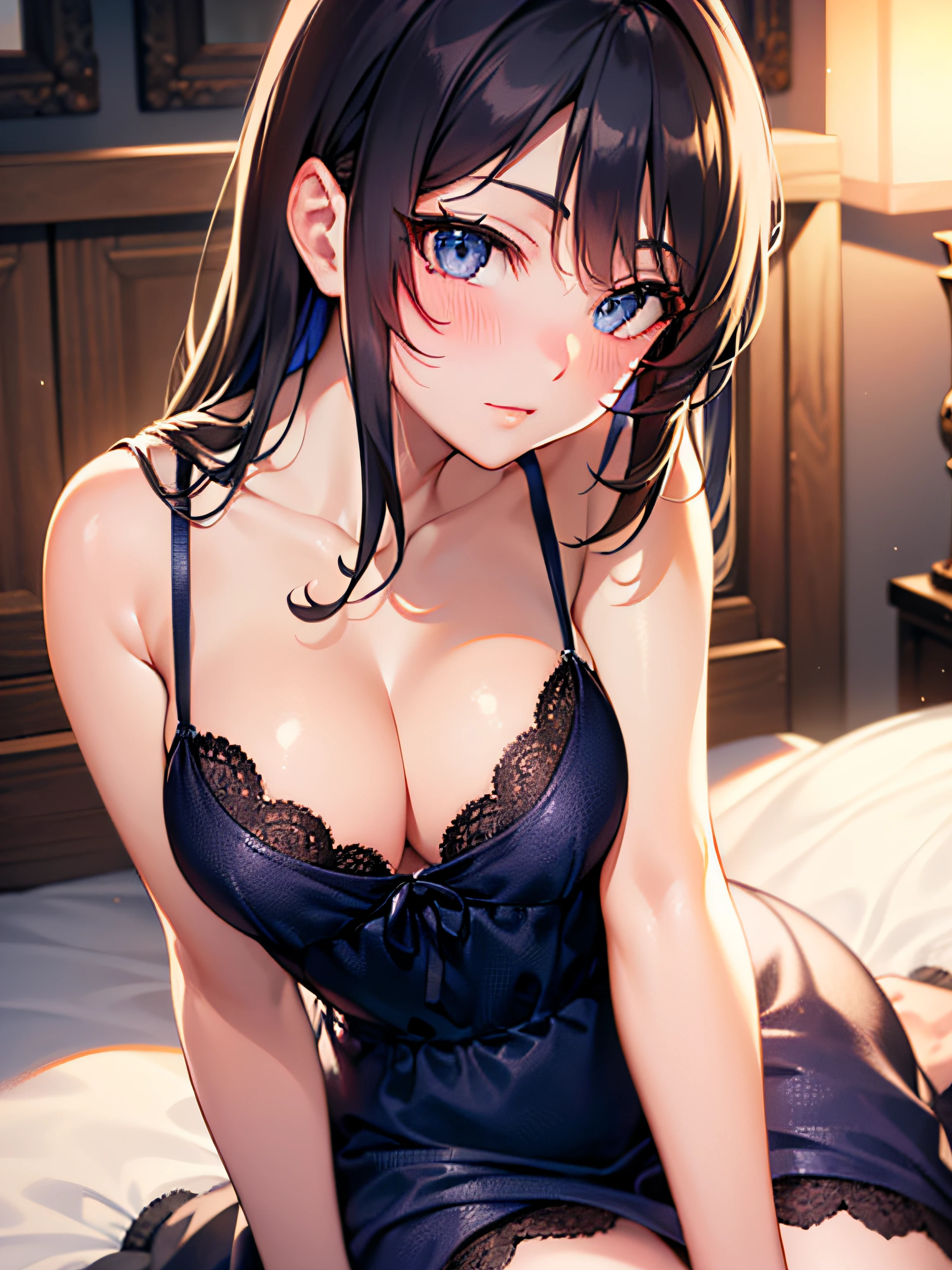 ((best quality, highres, UHD, 8k wallpaper, extremely detailed, perfect pixel, perfect anatomy)), ((anime smooth CG, skin texture:1.2)), 1sakurajimamai, anime character, 2d, sketch art, one anime woman, sad, blushing, embrassed, black hair, busty, medium breasts, cleavage, POV, close up, ((nightgown, dress)), (detailed eyes, beautiful eyes), (indoor, bedroom)