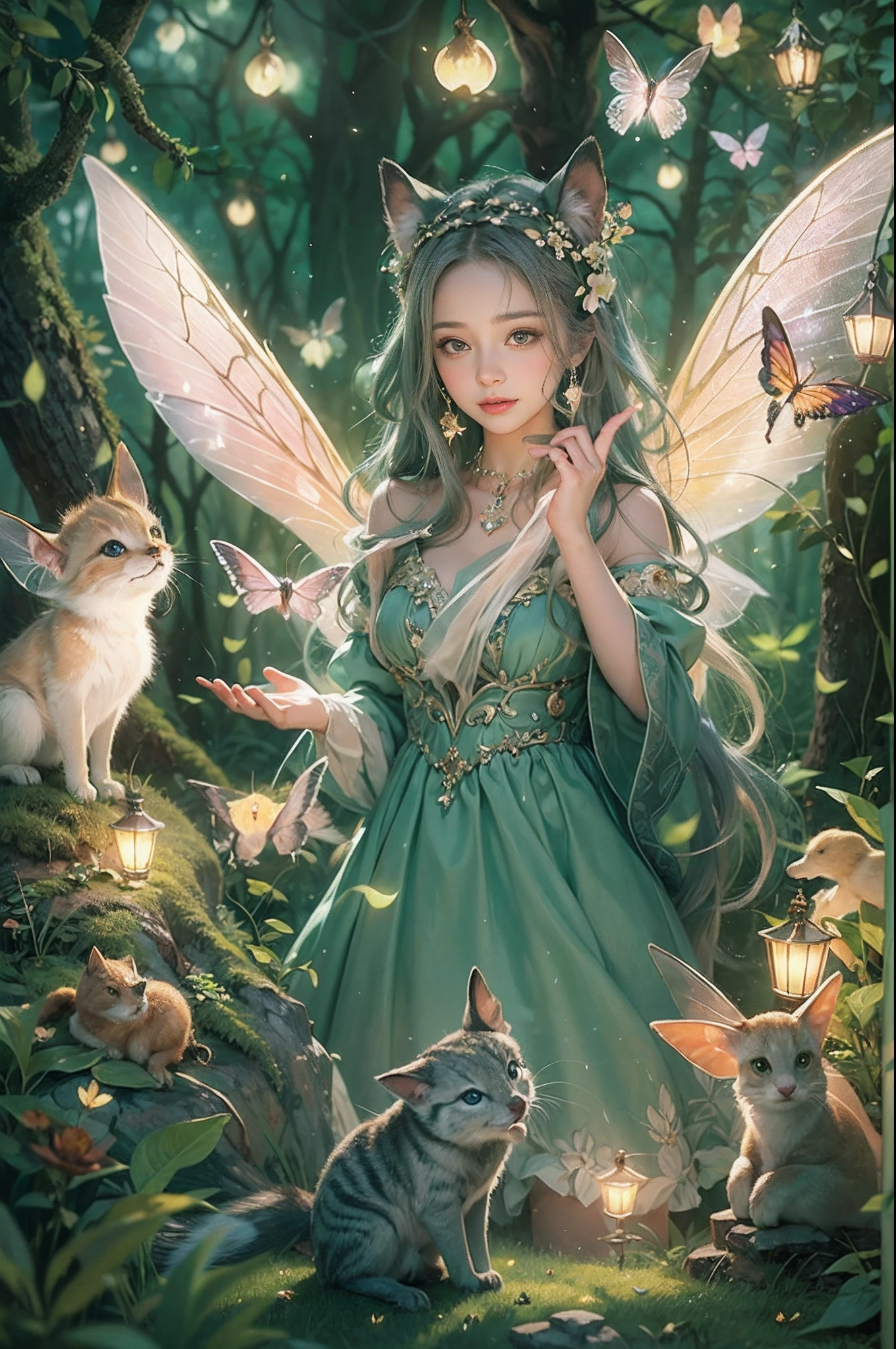 Image depicting a beautiful woman in an enchanted forest, Surrounded by a variety of cute magical creatures, As a fairy, Forest animals and bright fireflies. The scene is bathed softly, Ethereal light, Evoke a sense of surprise and delight.
