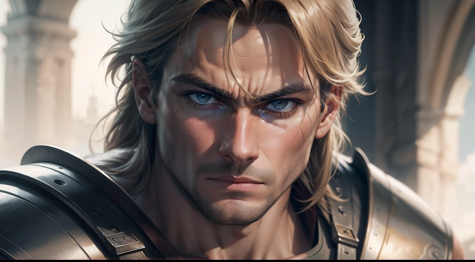A close-up of Achilles' face, his expression a mix of courage and determination as he stares down his enemies.