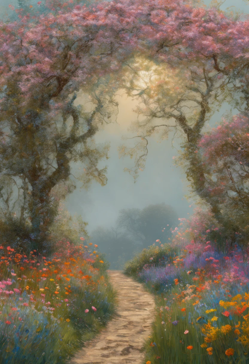 Uma obra-prima sobre tela no estilo de Claude Monet, uma mulher morena de meia-idade, sorrindo, extremamente bonita, paisagem detalhada, hyper-realistic, elementos de simbolismo e surrealismo, design intrincado, folhagem, flor, Landscape, cor pastel, detalhes azuis, detalhes cor-de-rosa, a mulher olhando para o espectador, directly on camera.