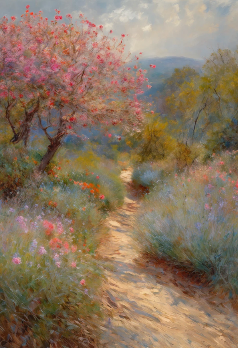 Uma obra-prima sobre tela no estilo de Claude Monet, uma mulher morena de meia-idade, sorrindo, extremamente bonita, paisagem detalhada, hyper-realistic, elementos de simbolismo e surrealismo, design intrincado, folhagem, flor, Landscape, cor pastel, detalhes azuis, detalhes cor-de-rosa, a mulher olhando para o espectador, directly on camera.