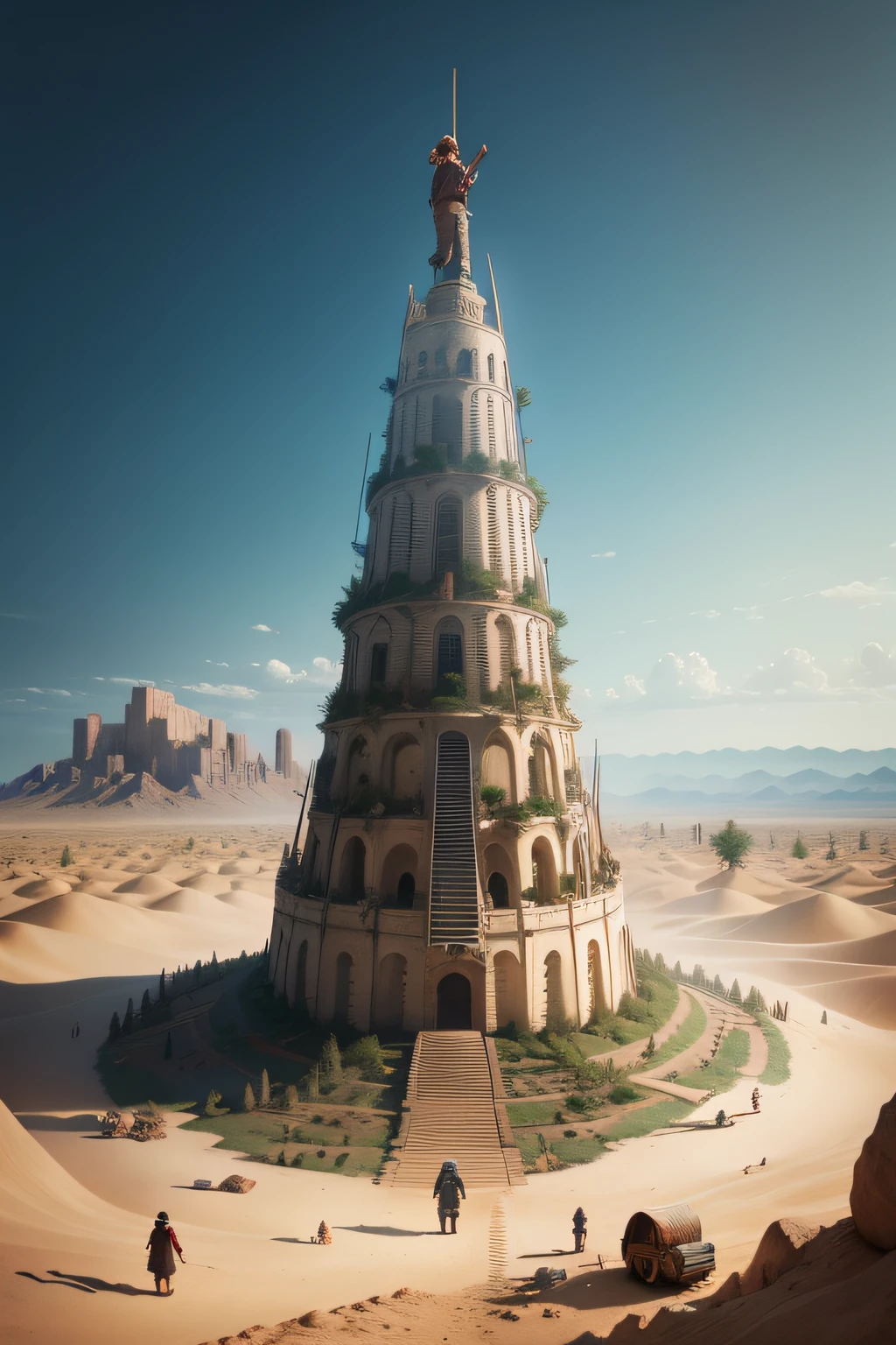 A woodcutter with axe in hand building the Tower of Babel in a desert setting. These lumberjacks with axes in hand are building the Tower of Babel in a 4D image.