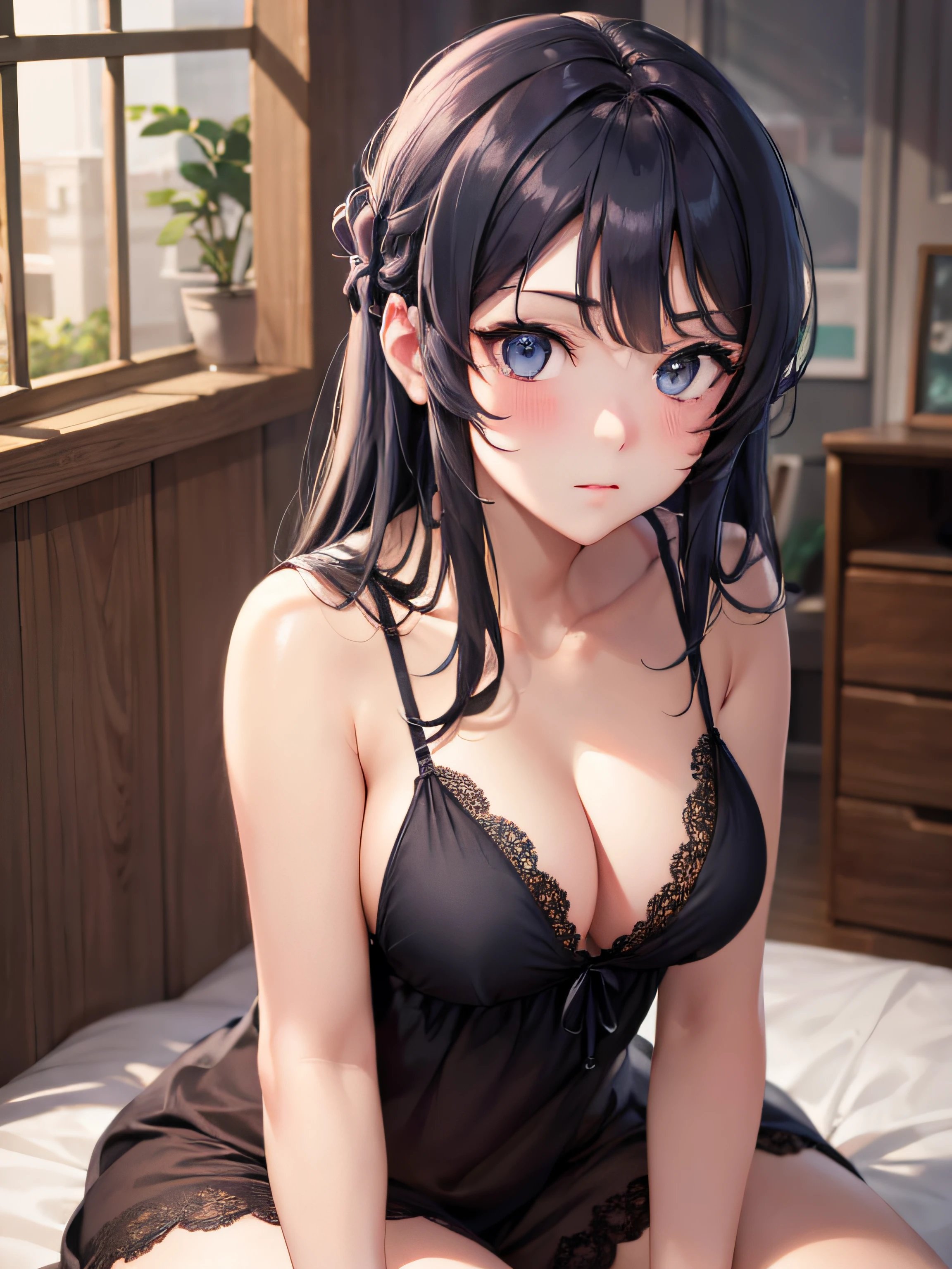 best quality, highres, UHD, 8k wallpaper, extremely detailed, perfect pixel, perfect anatomy)), (skin texture:1.2)), 1sakurajimamai, anime character, 2d, sketch art, one anime woman, sad, blushing, embrassed, black hair, busty, medium breasts, cleavage, POV, close up, ((nightgown, dress)), (detailed eyes, beautiful eyes), (indoor, bedroom)