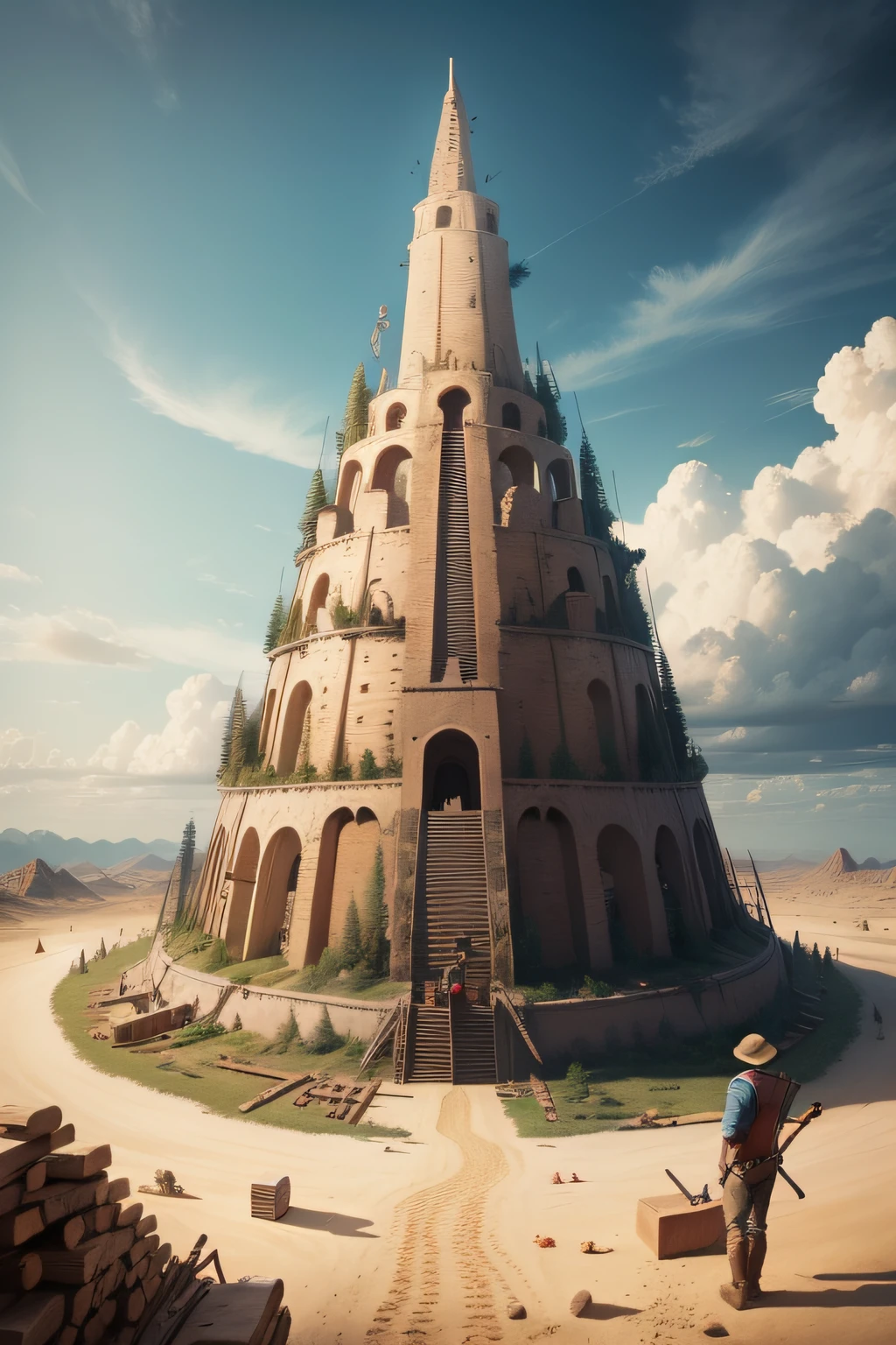 A woodcutter with axe in hand building the Tower of Babel in a desert setting. These lumberjacks with axes in hand are building the Tower of Babel in a 4D image.