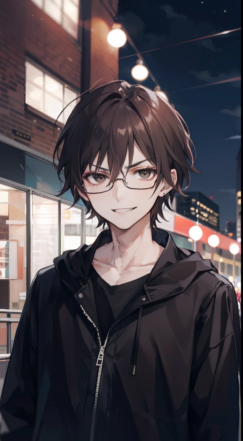 A man, brown hair and black eyes, wearing a glasses, short hair, night, city, badass, mascular, evil smile