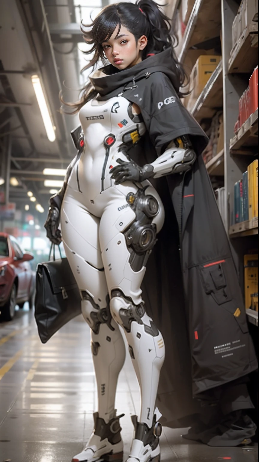 Full Body Portrait of Woman Defined Thick Thighs Cybernetic Body Parts, ropa interior corta
