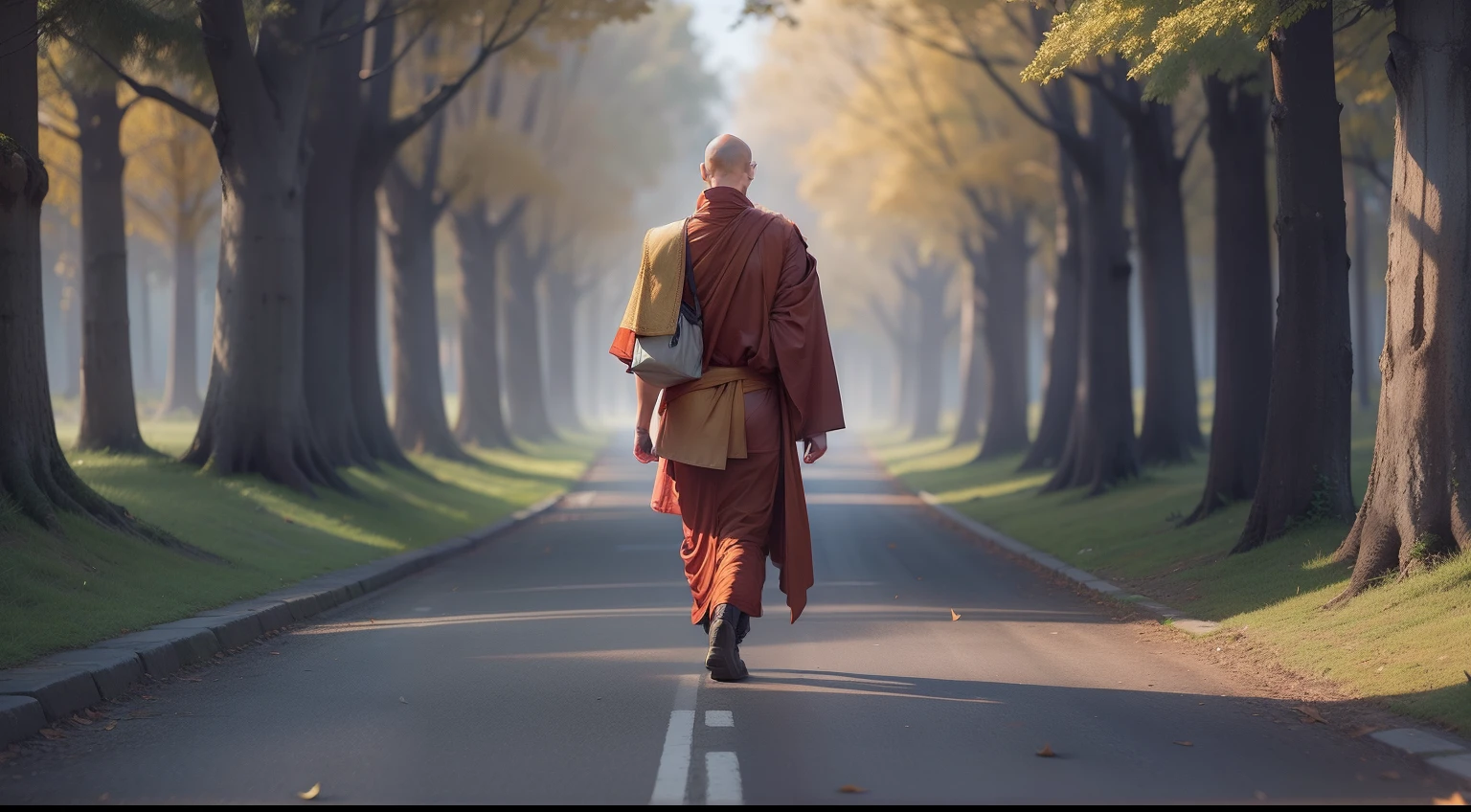 create a realistic image of a buddhist monk walking along a road between trees