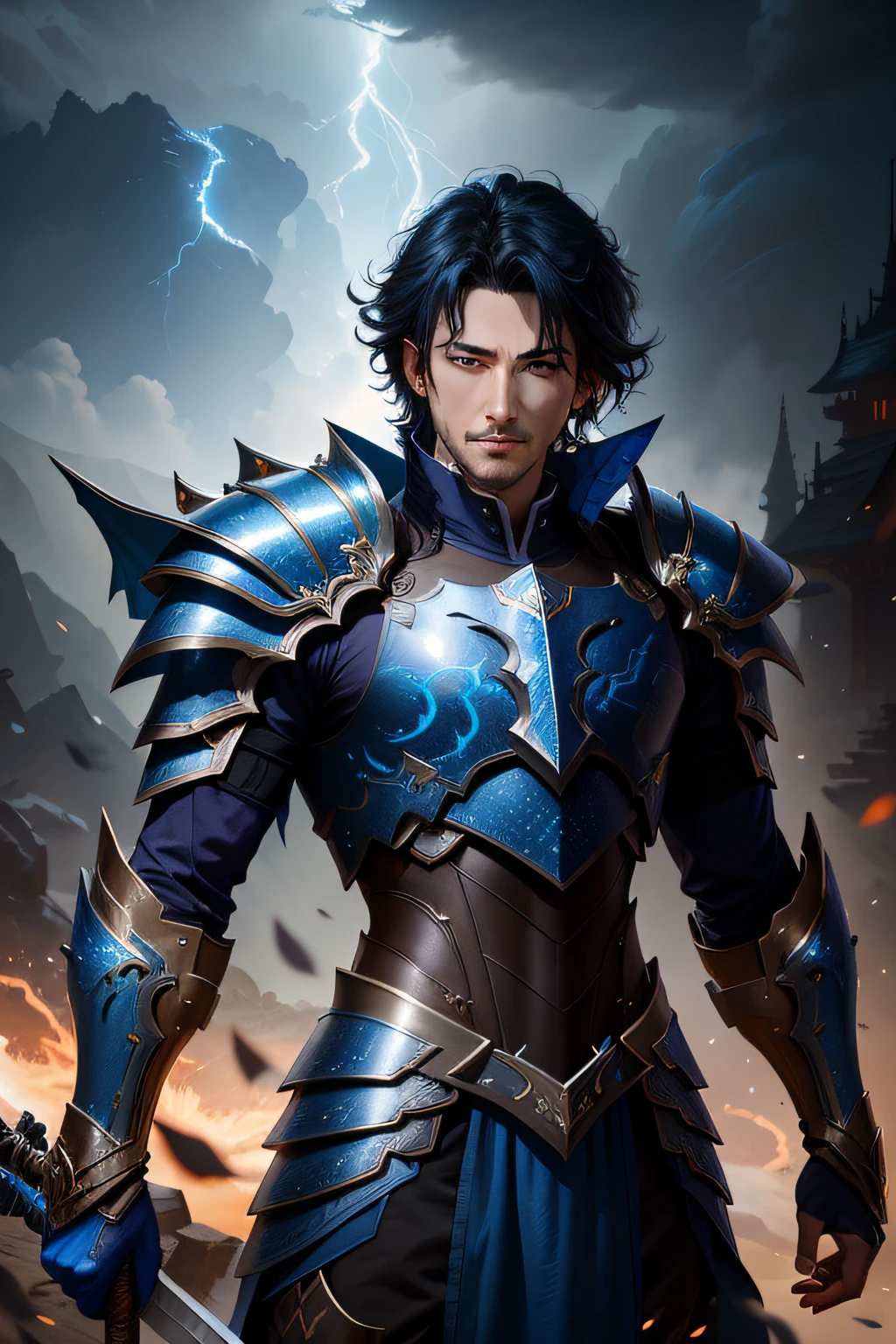 arafed male in armor with lightning in the background, by Yang J, handsome guy in demon slayer art, graphic artist magali villeneuve, dragon inspired blue armor, ross tran and bayard wu, trendin on artstation, chengwei pan on artstation, dragon knight, epic fantasy digital art style, by Oliver Sin, artgerm and ruan jia