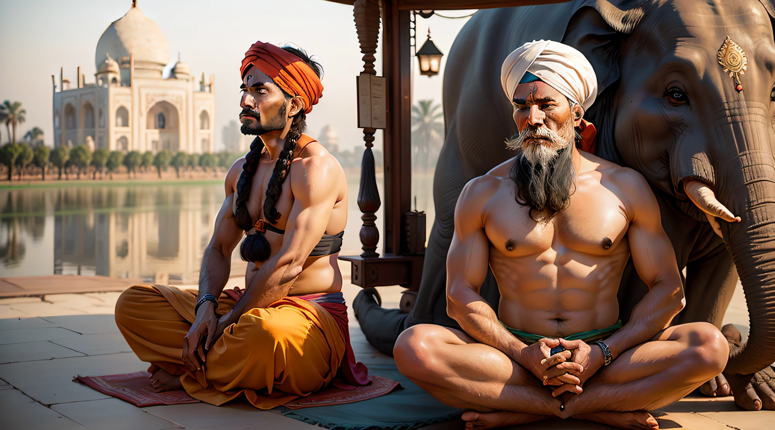 a meditating hindu man with turban on India by side elefant and tuk tuk, taj mahal background