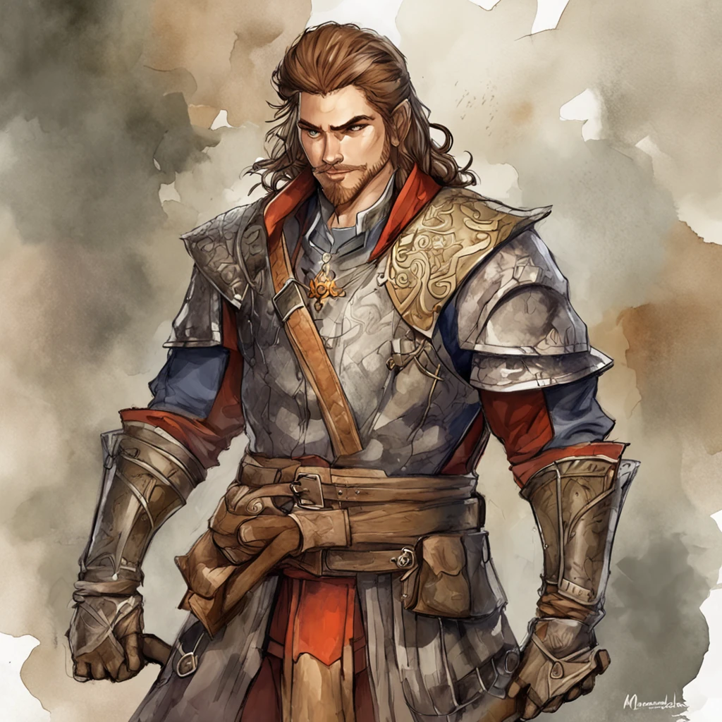 Realistic - Illustration - Pencil Art - Colorful - Anime - Man ((Branco)), ((guerreiro medieval)), ((DND), (dungeon and dragons) senhor do caos, mestre da magia, em pose imponente, with enigmatic look, cabelo preto curto corte de cabelo estilo militar, vestindo roupas de couro de aventureiro, Rustic, The clothes are worn and dirty due to various battles, In the right hand is shining the magical power, ((magia)), ao fundo encontra-se uma vale, com montanhas e floresta no fundo, noite clara com lua cheia.