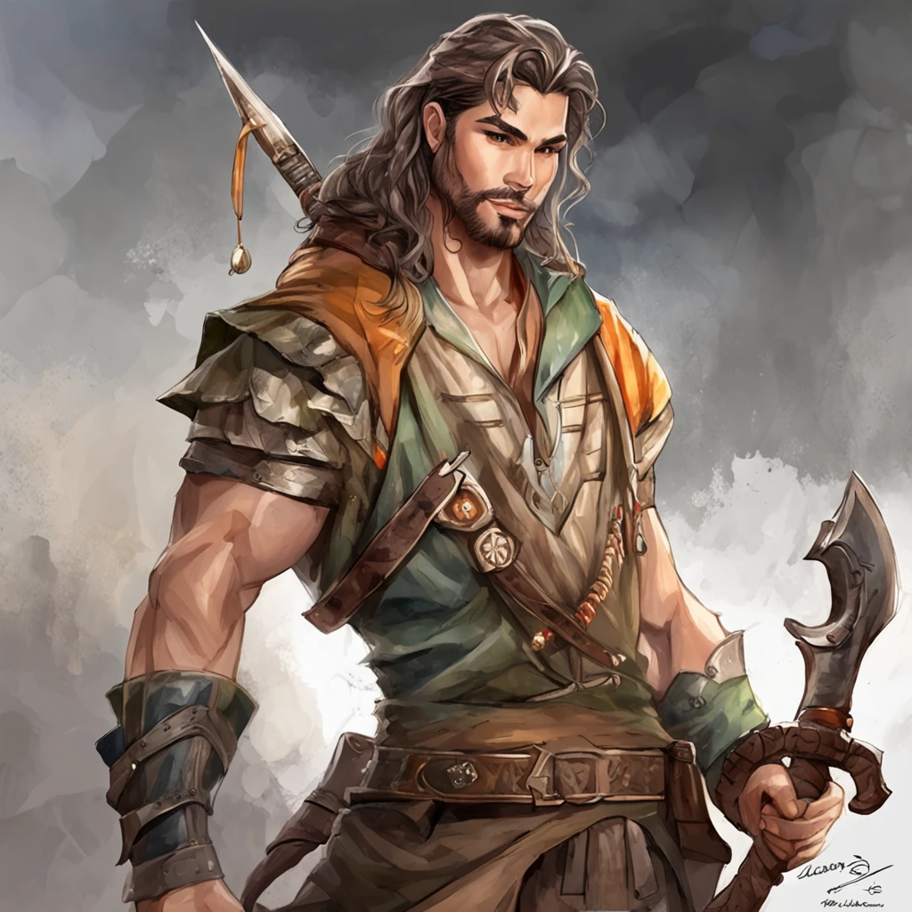 Realistic - Illustration - Pencil Art - Colorful - Anime - Man ((Branco)), ((guerreiro medieval)), ((DND), (dungeon and dragons) senhor do caos, mestre da magia, em pose imponente, with enigmatic look, cabelo preto curto corte de cabelo estilo militar, vestindo roupas de couro de aventureiro, Rustic, The clothes are worn and dirty due to various battles, In the right hand is shining the magical power, ((magia)), ao fundo encontra-se uma vale, com montanhas e floresta no fundo, noite clara com lua cheia.