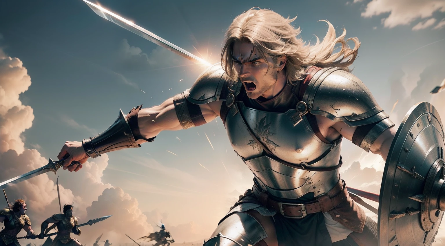 A dynamic scene of Achilles in battle, his sword and shield glinting in the sunlight as he charges forward with a battle cry.