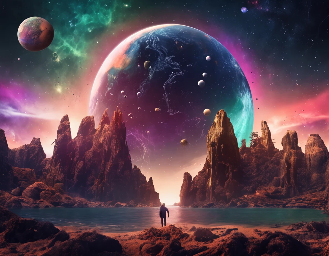 Primitive planet with sea and earth and stars