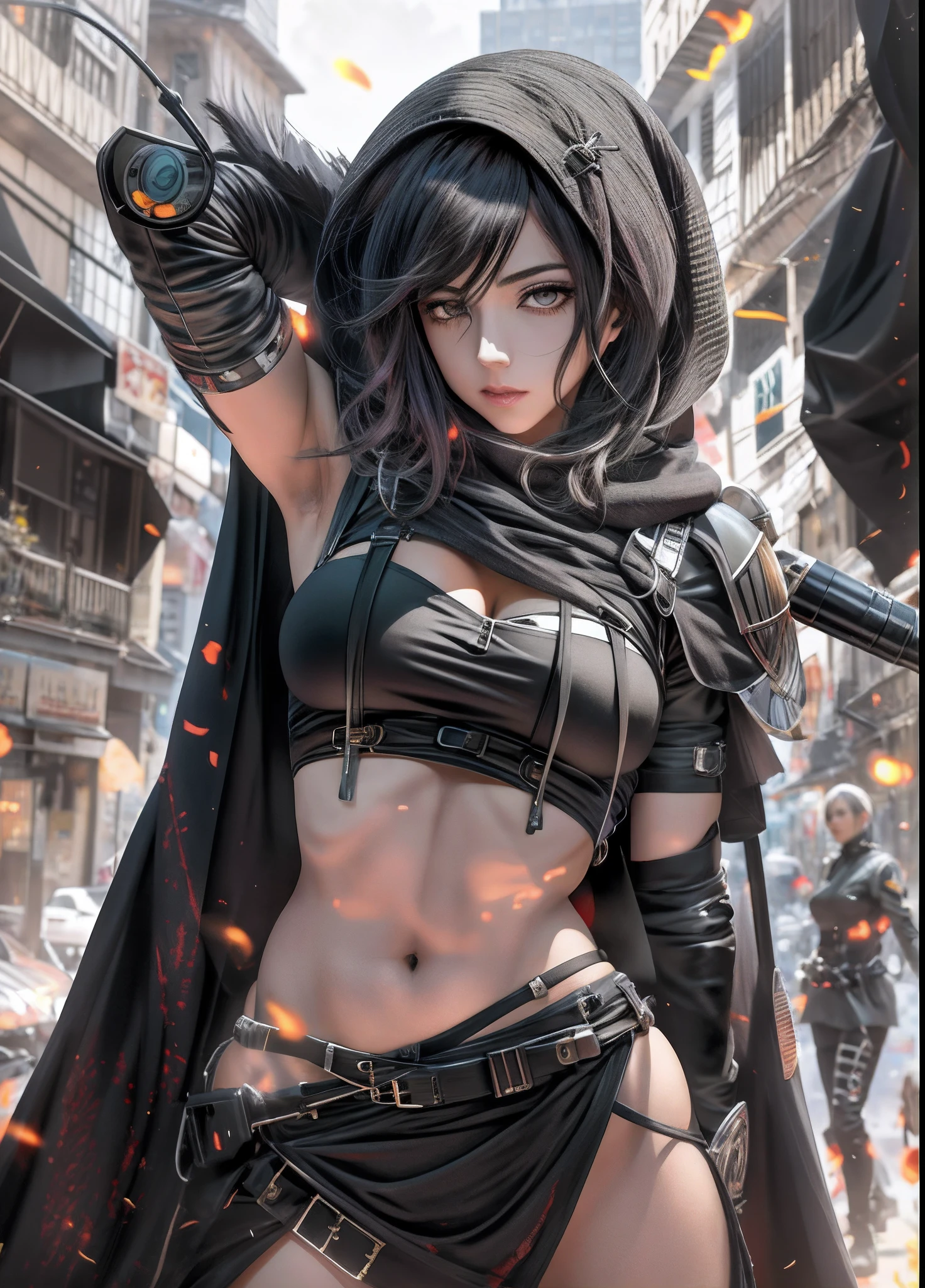 Imagem de Mikasa Ackeman  na cidade vestindo traje preto com capuz e espada, badass anime 8 k, 2. 5 d cgi anime fantasia arte, Ross Tran 8 K, por Yang J, Guweiz em ArtStation Pixiv, female action anime girl, Arte em estilo Guviz, Fanart Melhor ArtStation, Fleuma no escarro, Muco | germe da arte, assassina feminina bonita,peitos grandes, corpo definido, guerreira, sensual, zoom em seus olhos, Mikasa is in her bed at night, (1girl em)、(realisitic)、( fotorrealista:1.5)、Batomornsardas、cabelos pretos, 8k UHD、(filmgrain) extremamente delicado e bonito、8k, alta qualidade、alta resolução, ju、ighly detalhado、belos olhos detalhados、 olhos e rosto extremamente detalhados、obra prima、(lighting like a movie)、(pele de alto detalhe:1.2)、8k UHD、Digital SLR、a strong lighting of fire、alta qualidade、filmgrain、obra prima, qualidade superior, alta qualidade, alta resolução, ((muito nitido)), Photo taken with long-range professional camera, alta qualidade, preservar face, sensual