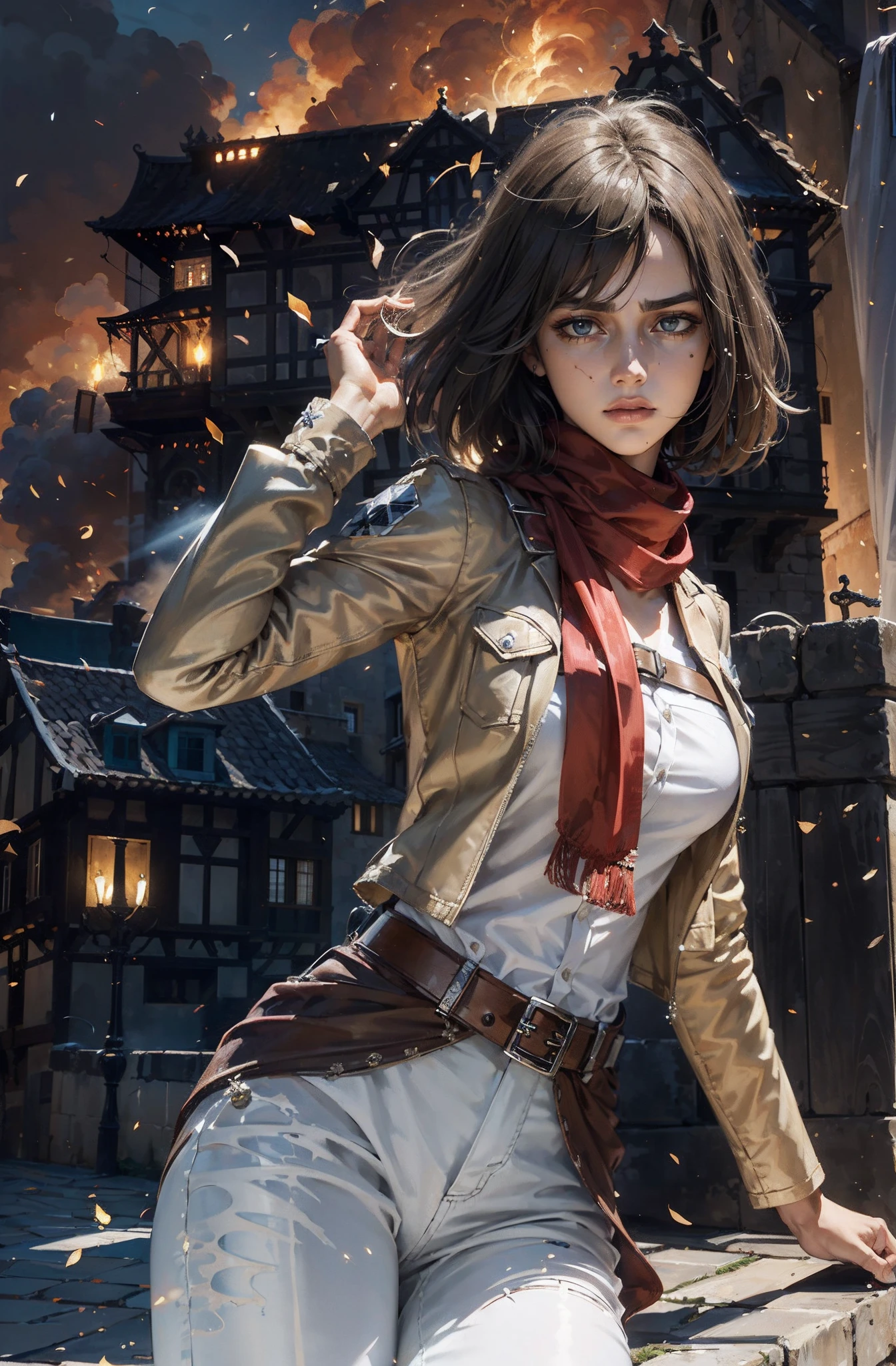 Imagem de Mikasa Ackeman Rosto 3D, Beautiful girl, beautiful face, Bonito, carinha de , Kpop idol, Supermodelo, impressionante rosto de simetria inocente, Corpo Perfeito, Middle breast, cintura fina, pernas finas, (pele altamente detalhada:1.4), olhos brilhantes, deusa, textura natural da pele, pele brilhante, pele branca, Rosto bonito e detalhado, Rosto detalhado, textura real da pele, bonito rosto delicado, Rosto finamente detalhado, proportion Aurea, Golden Ratio Face, olhos expressivos, rosto perfeito, pele perfeita, impeccable face, rosto claro, cabelos brilhantes, pale skin, Proper body proportion, anatomia perfeita, textura de pele realista, lush lips, bright lips, maquiagem natural, belas pupilas brilhantes, spastic figure, olhos intrincados, alunos detalhados, rosto e olhos detalhados, long eyeslashes, corar, good hand, perfect hands, cara bonita, belos corpos femininos, pele finamente detalhada, pele oleosa e brilhante, quebrar, (((((Attack on Titan, (jaqueta marrom, emblema, camisa branca, white pant:1.5), (Hmmikasa, short hair, olhos negros, echarpe, belt, thigh strap, red scarf, mangas compridas:1.4), (segurando arma, espada, dupla empunhadura, engrenagem de manobra tridimensional, postura de luta, heaven:1.4), (batalha, olhar aventureiro:1.3), (corar, fantasia, scenecy, vegetation, boca aberta:1.2), (textura de metal desgastado altamente detalhada:1.2), (brilhos coloridos flutuantes, light is shining, dust is drifting, catkins flutuantes, mistborn, vento:1.2), (descansar, sujeira, dust, Scratches, abrasions on the metal texture:1.2), (voar:1.4), (luminescent particles:1.3), (Cidade Velha de Dubrovnik, Avila, Historic fortified city of Carcassonne, Noerdlingen,Castelo Antigo, Romanesque architectural style, Gothic architectural style, Renaissance architectural style, Baroque architectural style, Casa em enxaimel, Castelos medievais, Strong Romanesque, Gothic walls