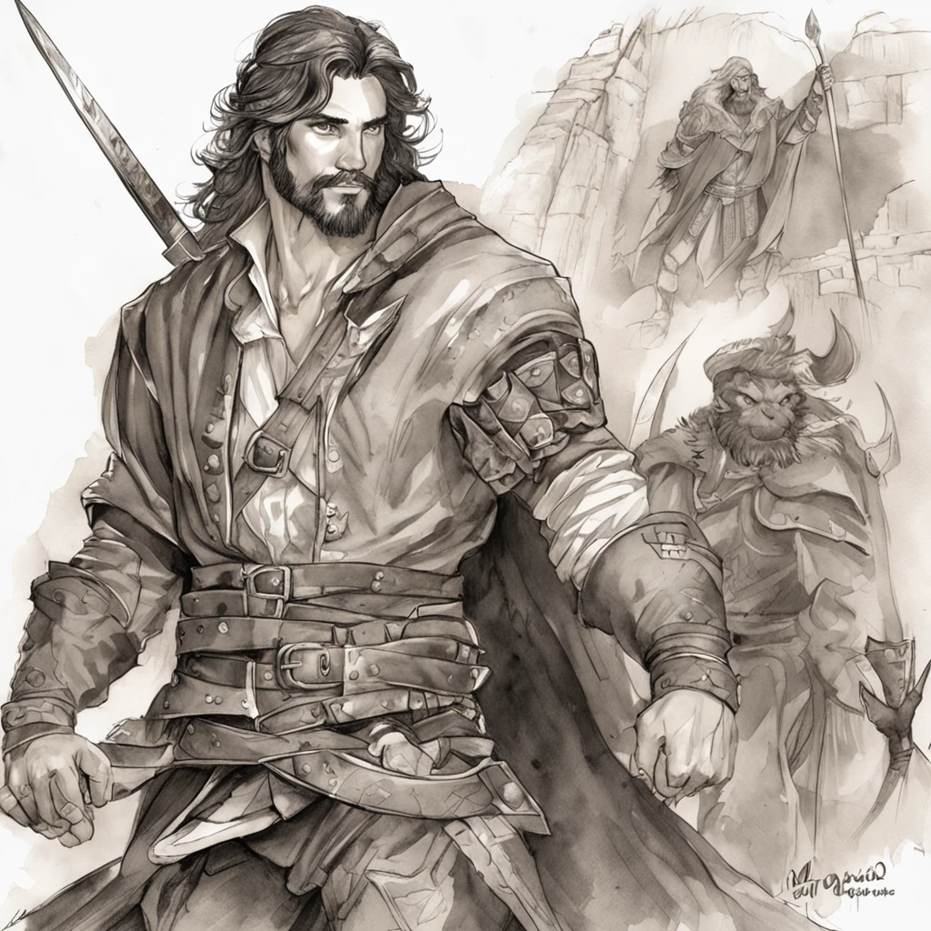 realistic - illustration - pencil art - anime - man ((Branco)), ((guerreiro medieval)), ((DND)), ((dungeon and dragons)), senhor do caos, mestre da magia, guerreiro, em pose imponente, with enigmatic look, cabelo preto, medium wearing adventurer's leather clothes, Rustic, The clothes are worn and dirty due to various battles, In the right hand is shining the magical power, ((magia)), ao fundo encontra-se uma vale, com montanhas e floresta no fundo, noite clara com lua cheia.