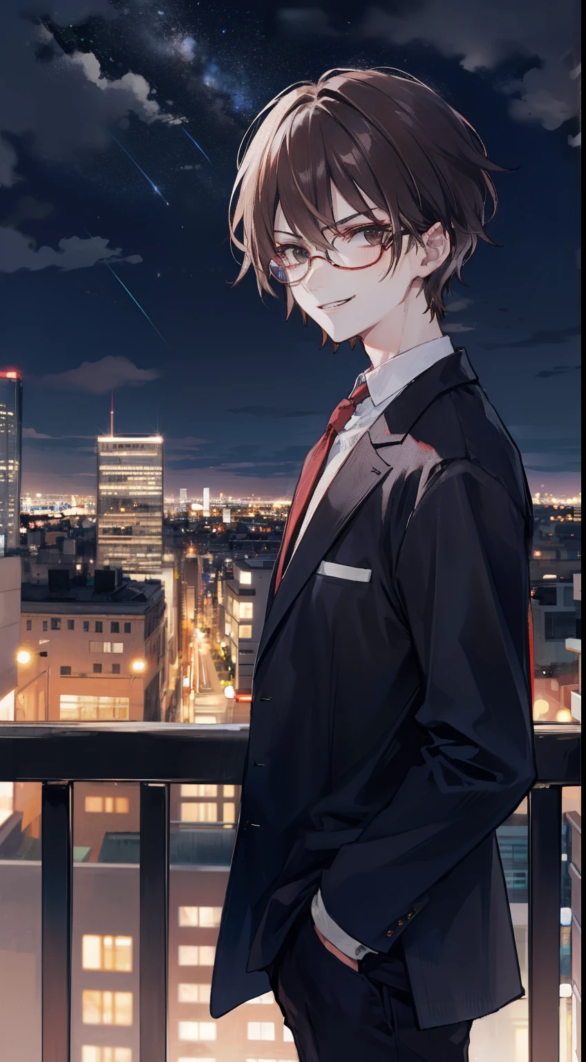 A man, brown hair and black eyes, wearing a glasses, short hair, night, city, badass, mascular, evil smile