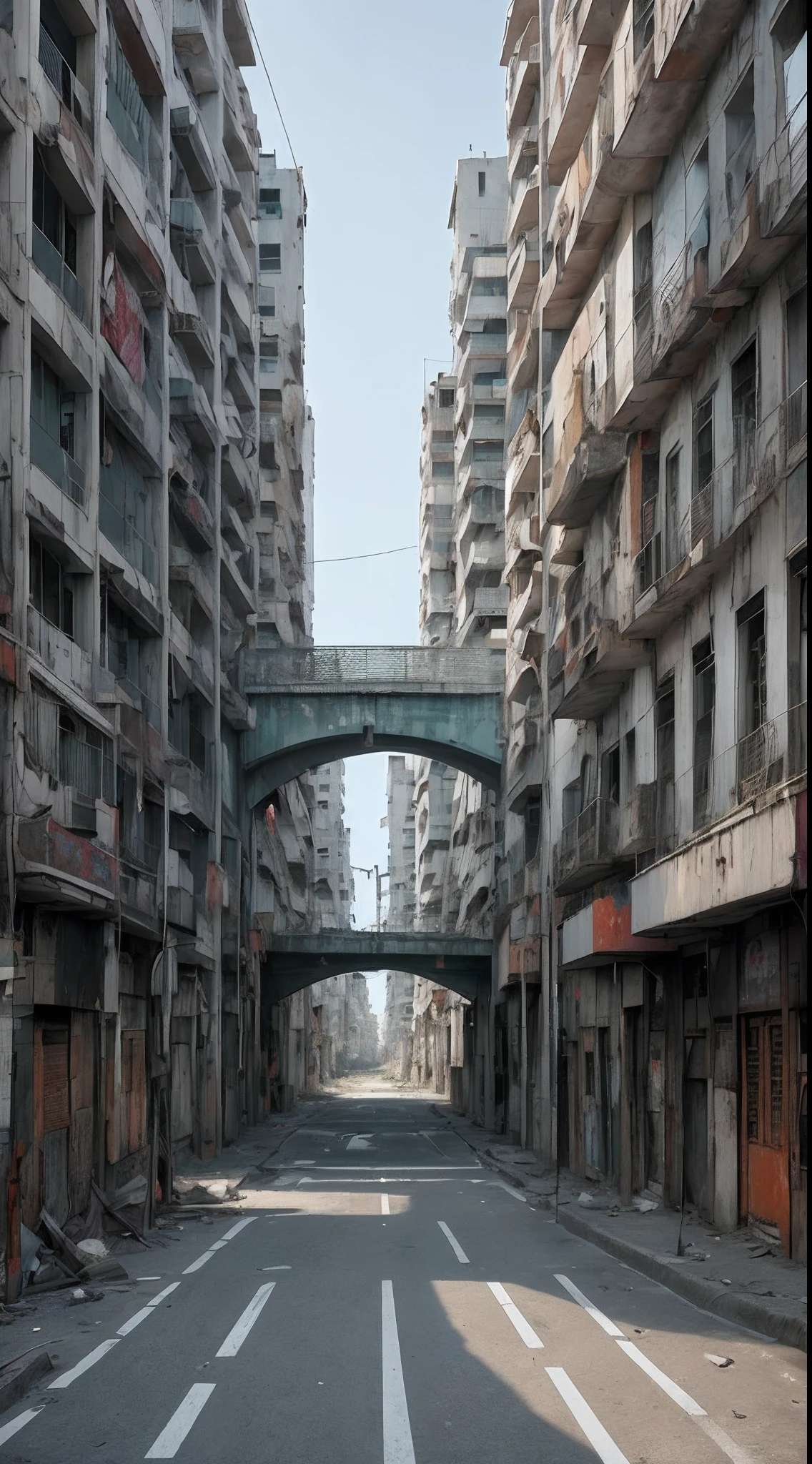There is a street with a bridge over it and buildings, Paisagens de rua vazias, ruas abandonadas, ruas vazias, rua metropolitana vazia, em uma cidade deserta, post - apocalyptic city streets, Pior lugar para se viver na Europa, Cidade de lixo deserta de Shinjuku, fotografia da rua da cidade, Ruas escuras e abandonadas da cidade, Nadav Kander, An abandoned dystopian city