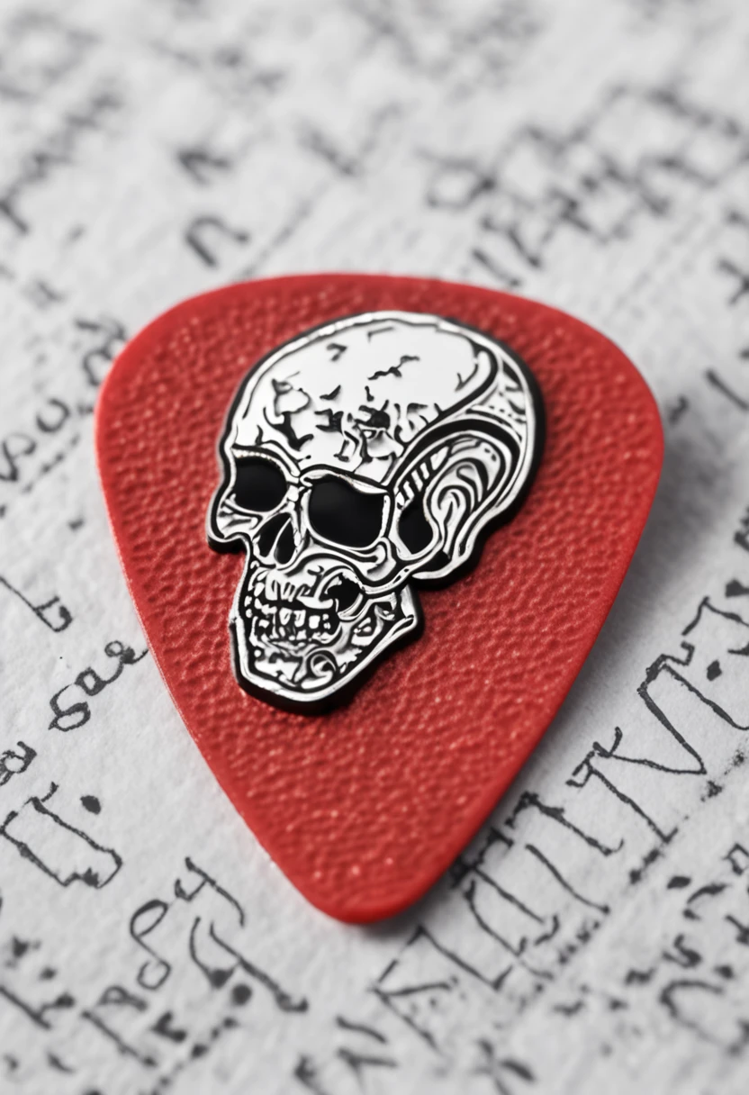 Guitar pick on a white background with a skull with headphone jack sticking out musical notes