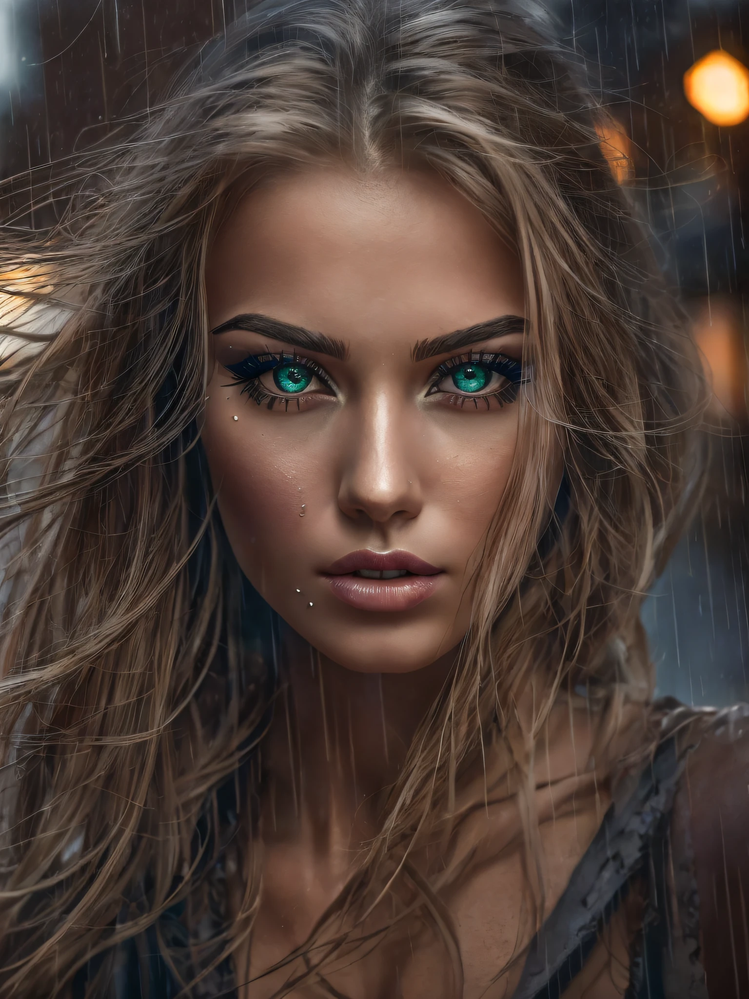 Full body from a woman with long blond hair, green eyes wearing only a sexy transparent slip, running in the city, realistic perfect face, beautiful woman face, glam make-up, dark eye make-up, dark brown hair and makeup, perfect face model, Arabella mist-splitter, perfect face ), beautiful lips:5 stylish, beautiful female face, attractive female face!!!, beautiful feminine face, beautiful makeup, perfect face!!. all wet on a rainy night, scared look, eerie, creepy, dark ambient, cinematic lights, ultra sharp focus, bird's eye view, high view, looking at the camera, raindrops.
