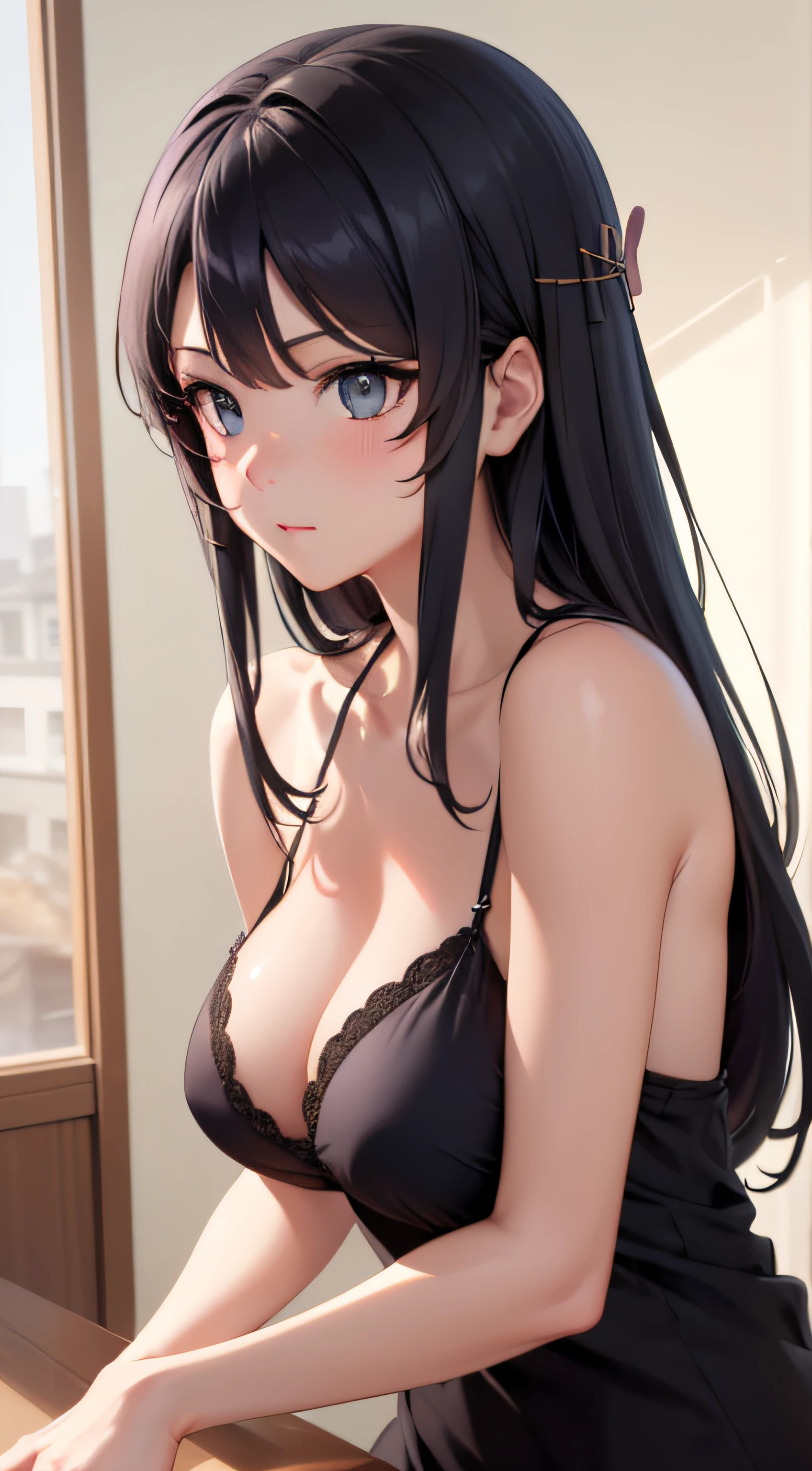 ((best quality, highres, UHD, 8k wallpaper, extremely detailed, perfect pixel, perfect anatomy)), (skin texture:1.2)), 1sakurajimamai, anime character, 2d, sketch art, one anime woman, sad, blushing, embrassed, black hair, busty, medium breasts, cleavage, POV, close up, ((nightgown, black dress)), (detailed eyes, beautiful eyes), (indoor, bedroom)