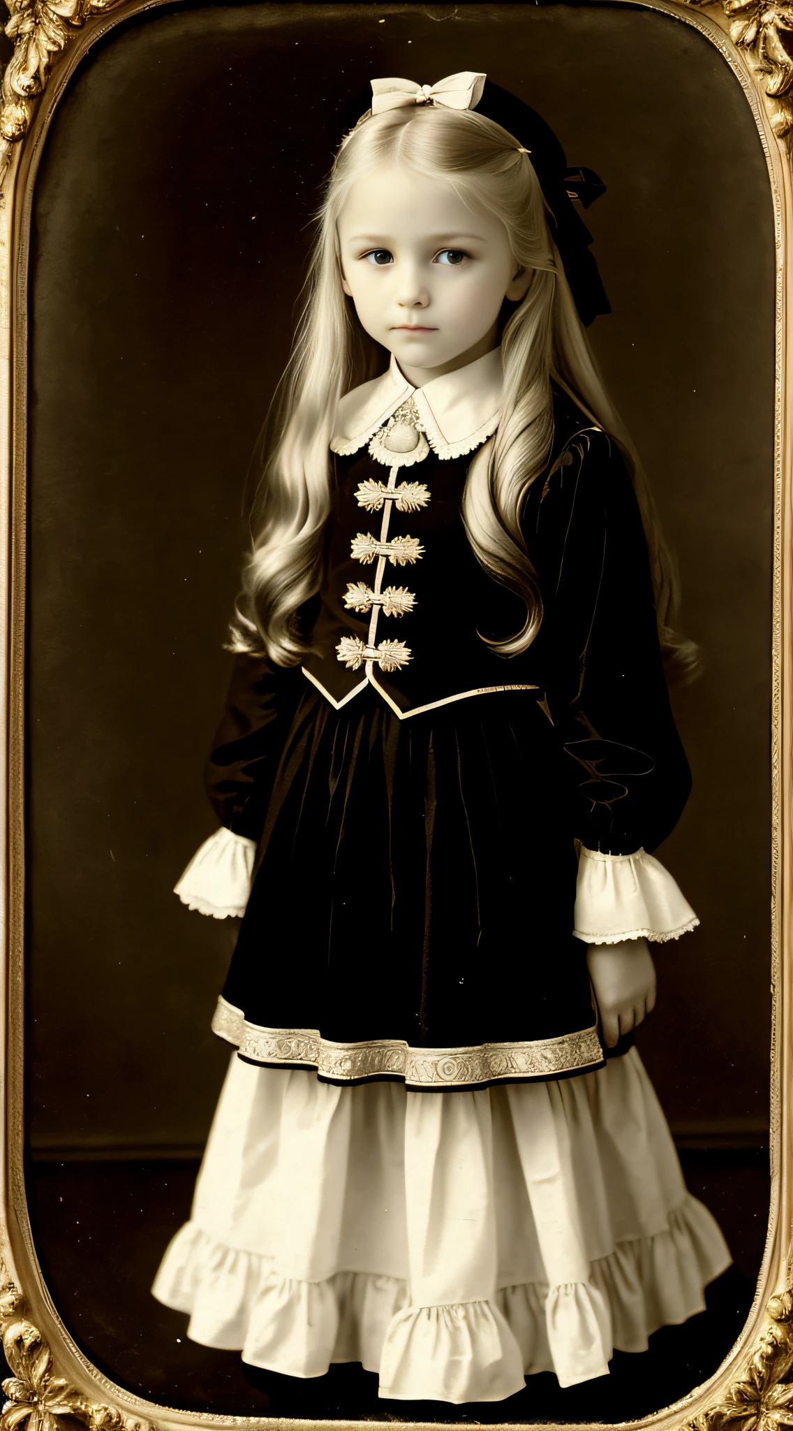 Russian, , Portrait , Long blonde hair and bow,Layered skirt,Noble,opulent,cropped shoulders