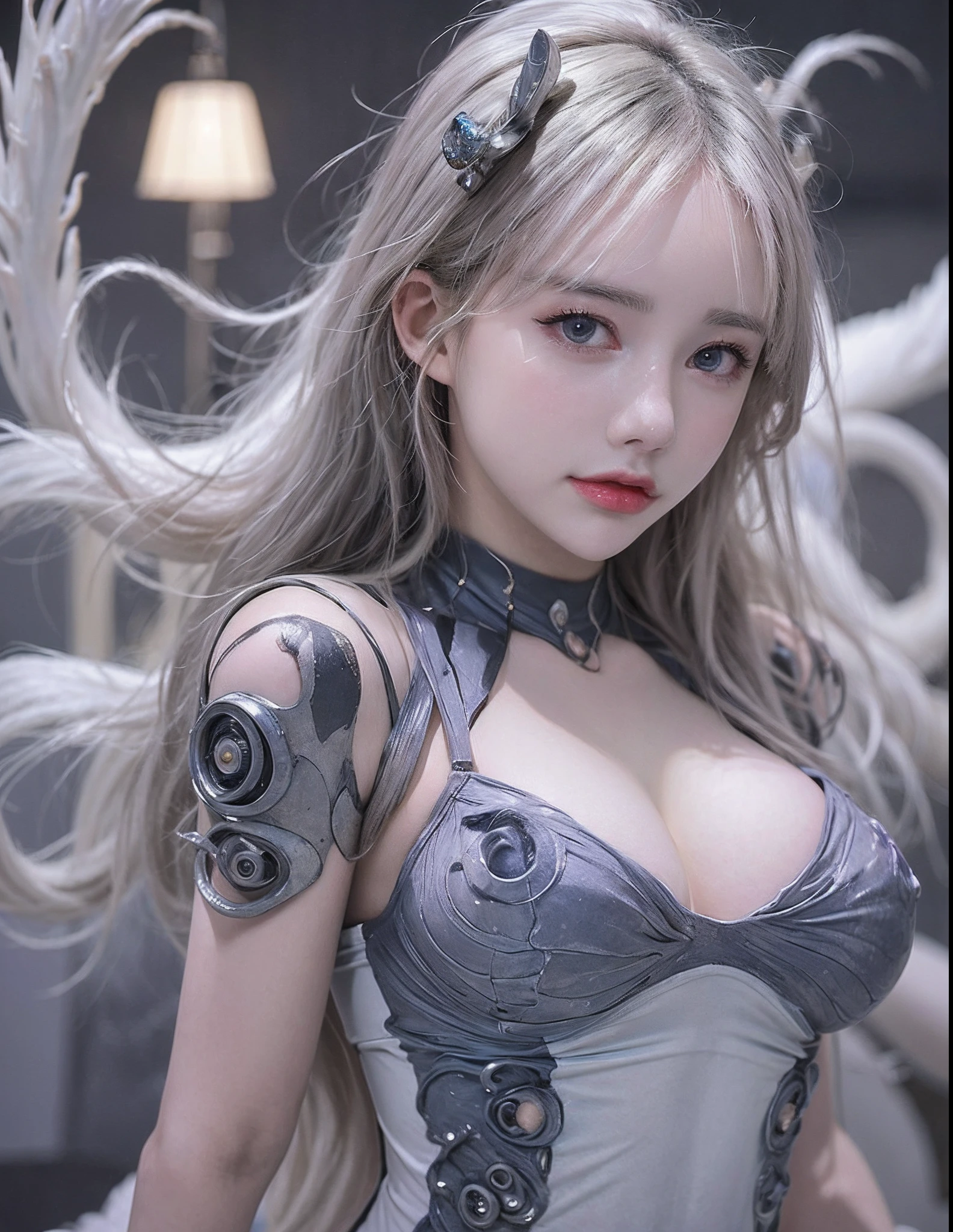 white  hair、long fluttering hair、strong breeze、a purple eye、Luminous Eyes、Tentacles clinging to the body、White Latex Suit、Mollusk girl、Colossal tits、The face and chest are alive、Cleavage is visible。photoRealstic、portfolio、Biotech Cyborg、Gothloli details、tentaculata、Detailed biocomponents、Bundle of thin tubes、sea anemones、Nudibranch、Luminous tube、Detailed neon、Fine LED、Golden fine parts