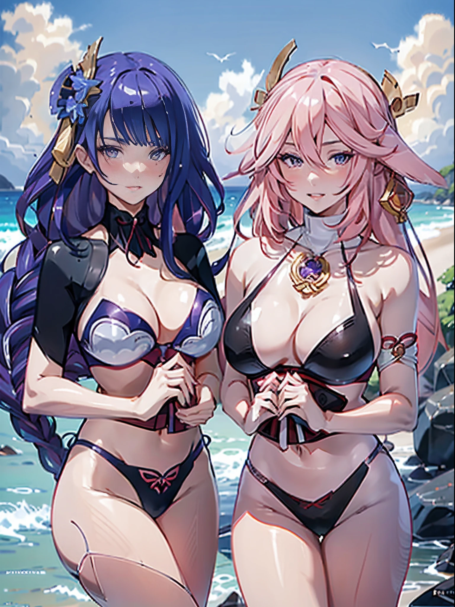 Three women in bikinis pose for a photo on a beach by the sea, seductive anime girls, beautiful and seductive anime woman, Guviz-style artwork, Perfect white haired girl, Guviz, Beautiful anime girl, ross tran. scenery background, in beach, Beautiful anime woman, trending on artstation pixiv, Extremely detailed Artgerm, Beautiful anime，Extra-large big breasts，Blush，