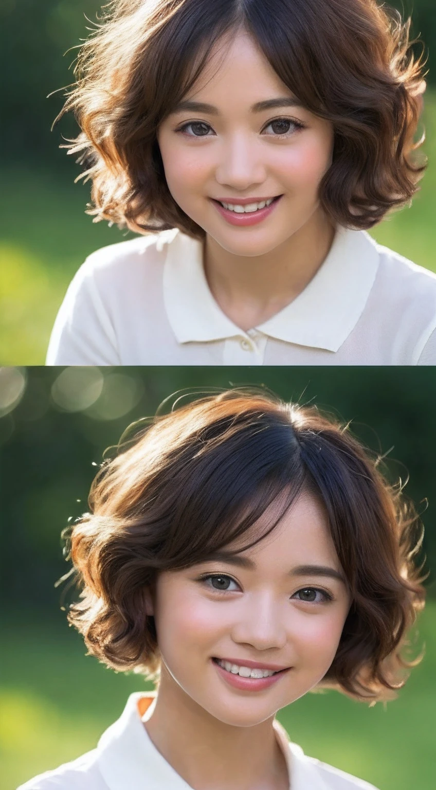 (8K、Raw photography、top-quality、hight resolution:1.1)、(A hyper-realistic:1.4)、(realisitic、Photorealsitic:1.3)、Soft light、Colossal tits、girl with、Lifelike face、Realistic body、real looking skin、absurderes、masterpiece、(cute little:1.8)、Cuties、独奏、(Colossal tits:1.2)、Detailed black eyes、Innocent eyes、teak、(tshirts:1.2)、cinematric light、film grains、jewely、Brown Polo Shirt、((short afro hair:1.1))、((Floating Hair NovaFrogStyle))、cherry colored lips、a closeup、Look Viewer、The upper part of the body、Open lips、Upper teeth、(smile eyes:0.6)、((Grinning:1.2))、depth of fields、blurry backround、eyes focus、the setting sun、Japan countryside、bokeh dof、年轻、85mmレンズ、F / 1.4、Professonal lighting、年轻、portlate、photon maping、Radio City、physically-based renderingt