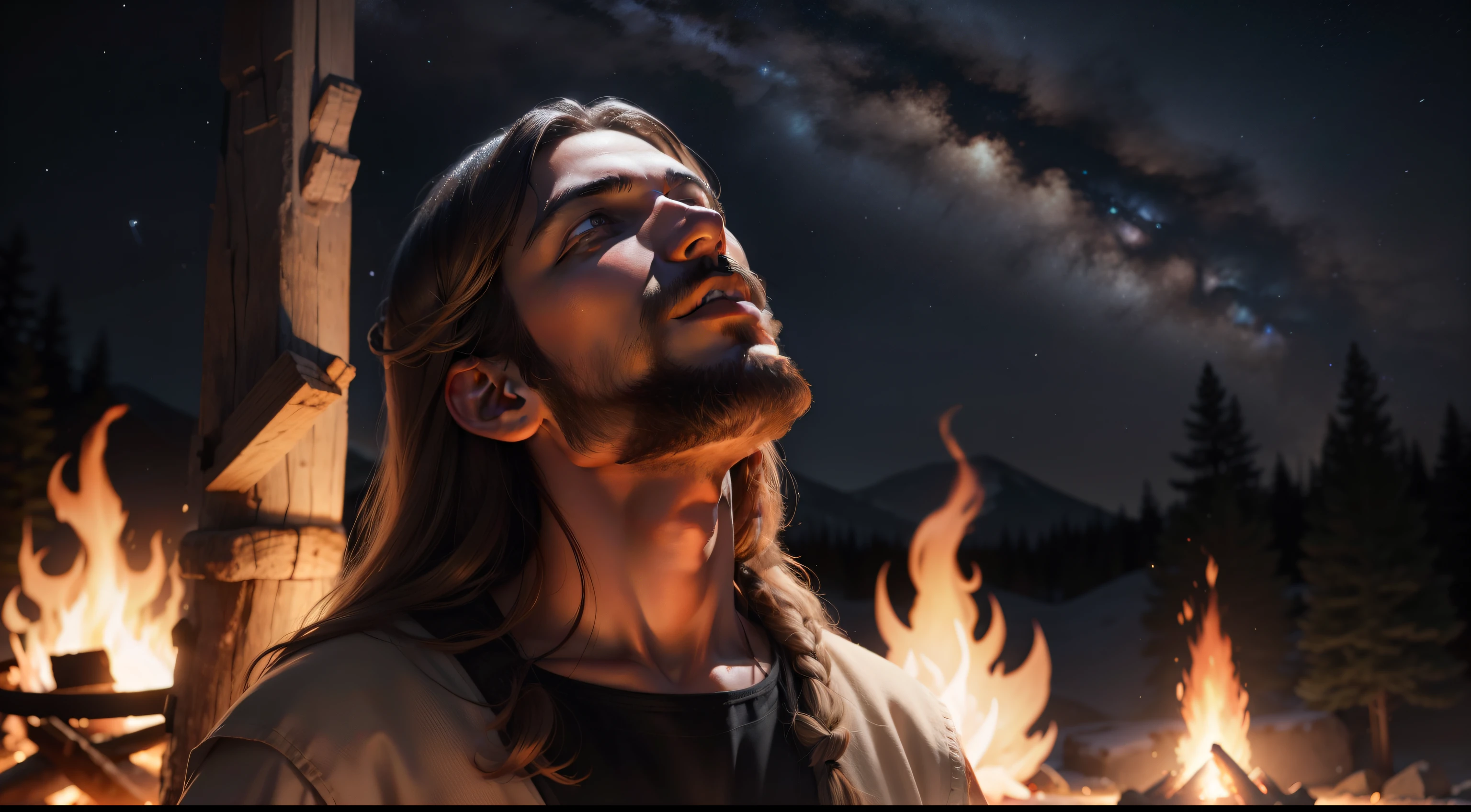 (render realistic images of Jesus Christ looking up at the night skies, near a campfire)