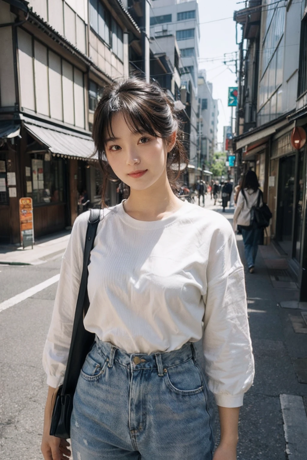 (masutepiece 、Best Quality 、HDR UHD 、Professional)、(Photorealsitic:1.4)、1girl in、A Japanese Lady、Natural light、(Looking at Viewer:1.331)、Posing、on tokyo street、Looks fun、Levi's 501、