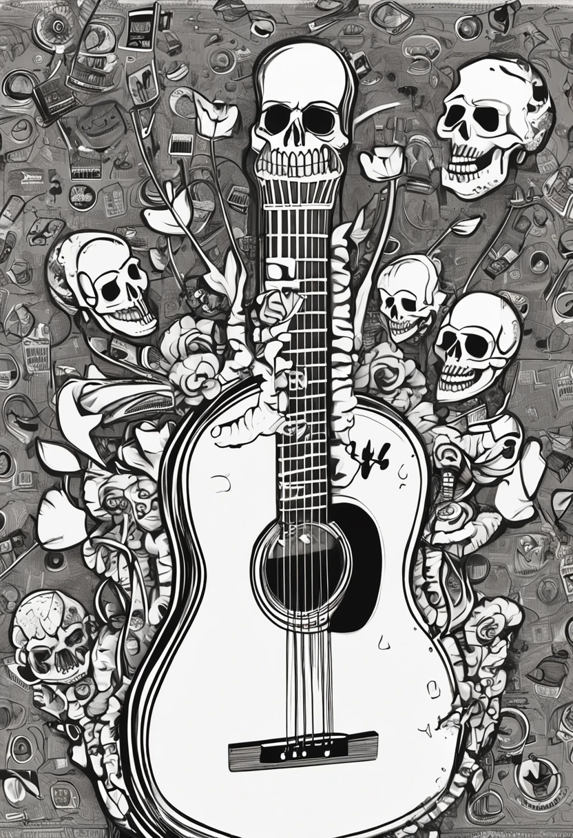 palheta de guitarra em um fundo branco com uma caveira com fone de ouvidos saindo notas musicais