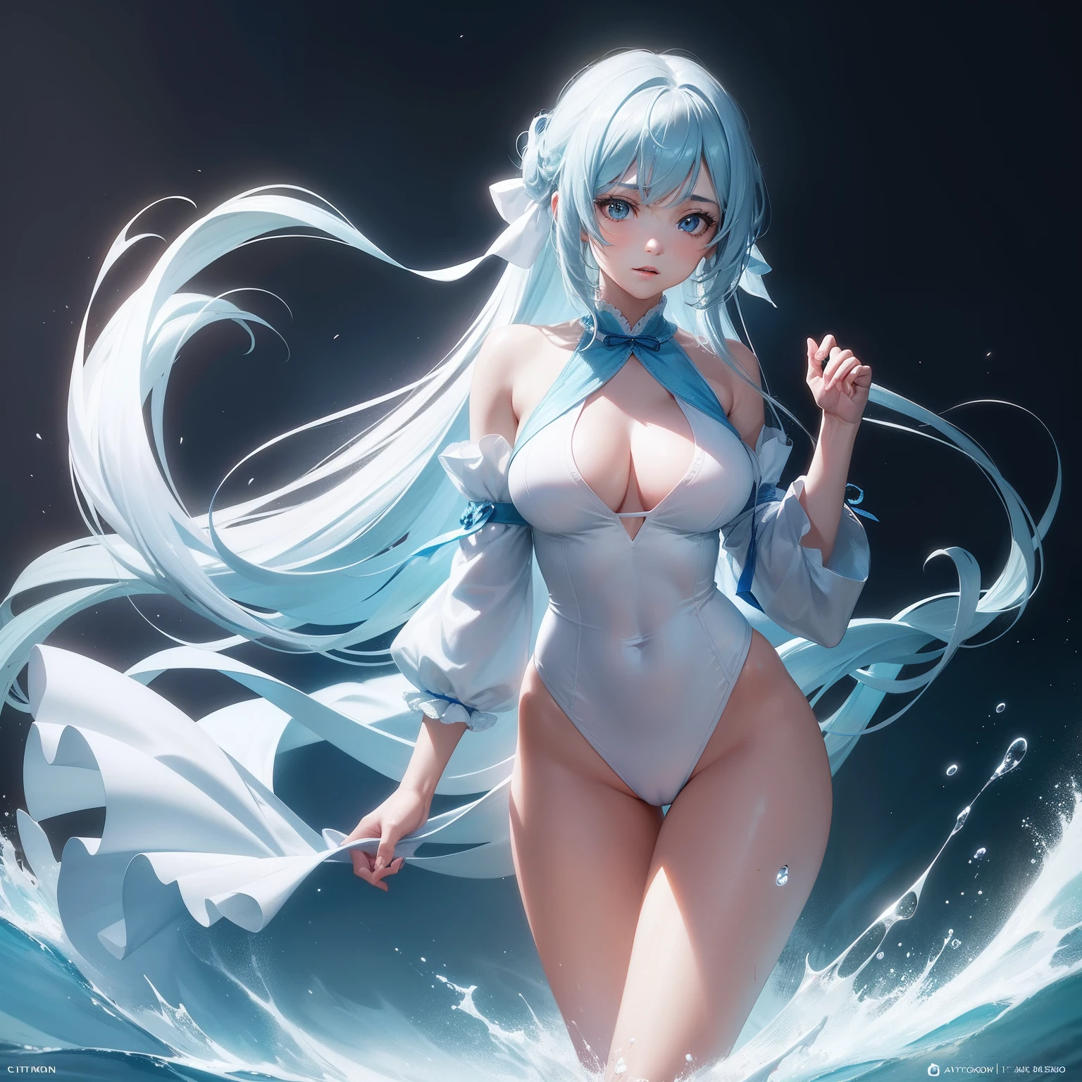 1girll,Perfect face,Radiant skin,Flowing beautiful long hair, Large breasts,exposed bare shoulders,slim toned body,Nice sexy body,Engaging pose,Five Fingers,Long legs,Light blue sailor suit and light blue cardigan、Light blue ribbon, 8k artistic photography, photorrealistic concept art, soft natural volumetric cinematic perfect light, epicd, trending on artstationh, Vibrant, production cinematic character render, Ultra high quality model, Chiaroscuro