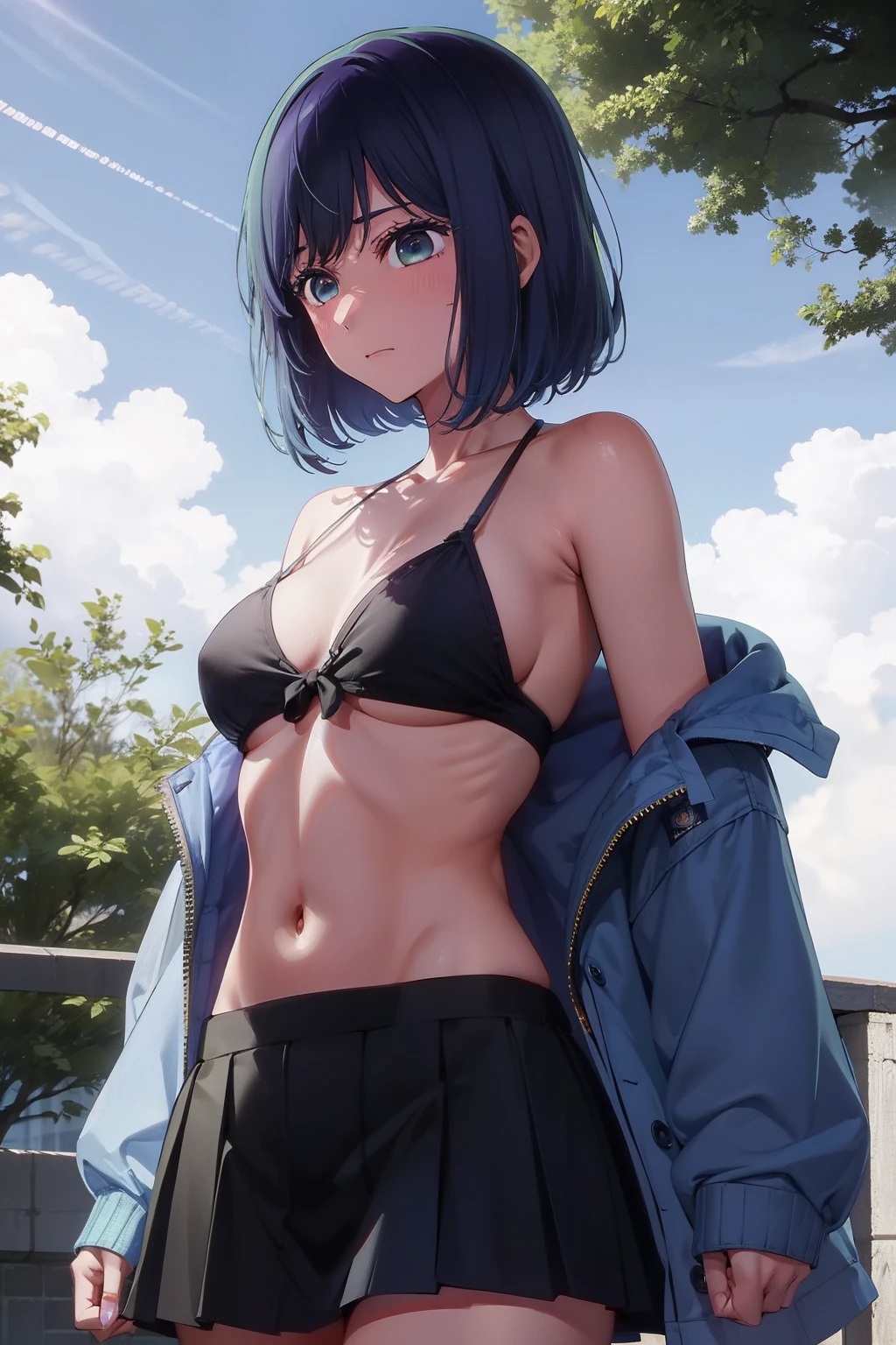 Akane Kurokawa,nackt,blaues Haar,nackt,hot,sexy,beautiful,Perfect Body,1girls,big boobs,Meisterwerk,Perfektes Gesicht,ausdrucksstarkes Gesicht,nackt,sexy stimmung,strand,bikini top,no jacked,short skirt,only bikini top,young,not tall,small tighs,short,18 years old