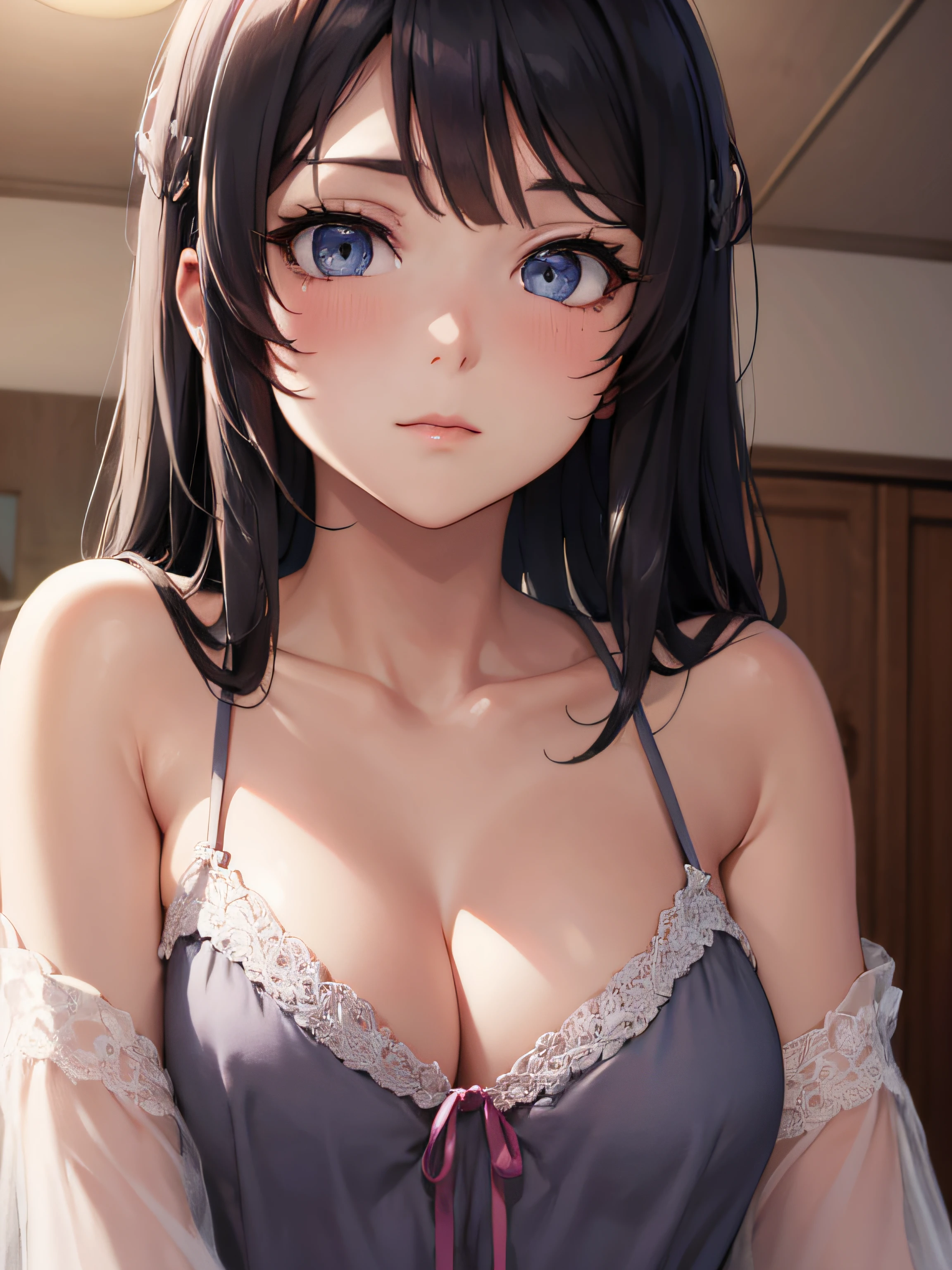 best quality, highres, UHD, 8k wallpaper, extremely detailed, perfect pixel, perfect anatomy)), (skin texture:1.2)), 1sakurajimamai, anime character, 2d, sketch art, one anime woman, sad, blushing, embrassed, black hair, busty, medium breasts, cleavage, POV, close up, ((nightgown, dress)), (detailed eyes, beautiful eyes), (indoor, bedroom)