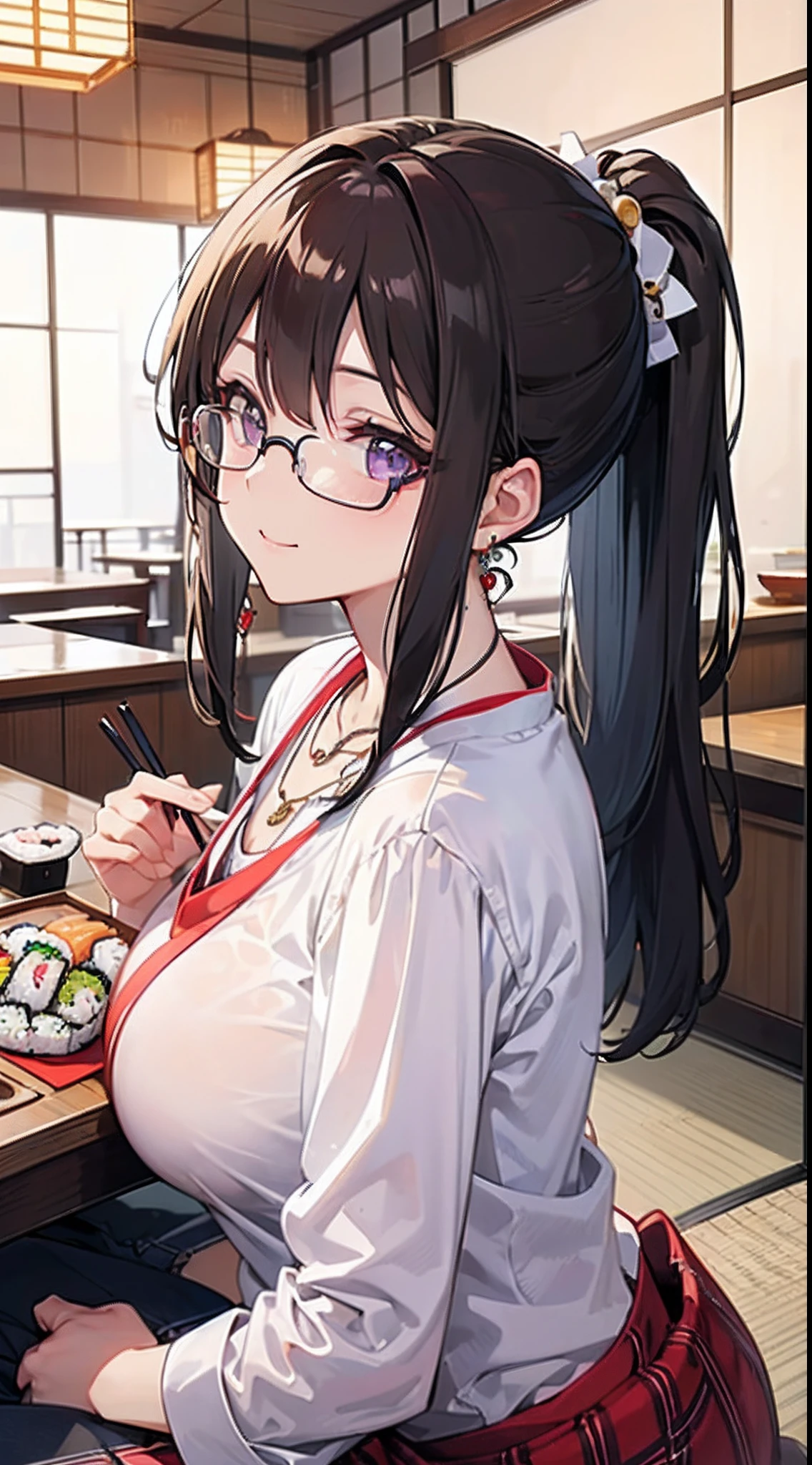 ((masterpiece)), ((best quality)), (ultra-detailed), ((kawaii)), cute, (lovely), ((extremely detailed)), 4K, (8K), best quality, (beautiful), anime style, upper body, focus on the face0, a cute girl, 1girl, solo, suit, beautiful dark brown hair, beautiful purple eyes, ((beautiful eyes)), white-skinned, ponytail, large breast, glasses, earrings, necklace, ((side shot)), light smile, (((sitting at a sushi restaurant))), (((enjoying sushi))),