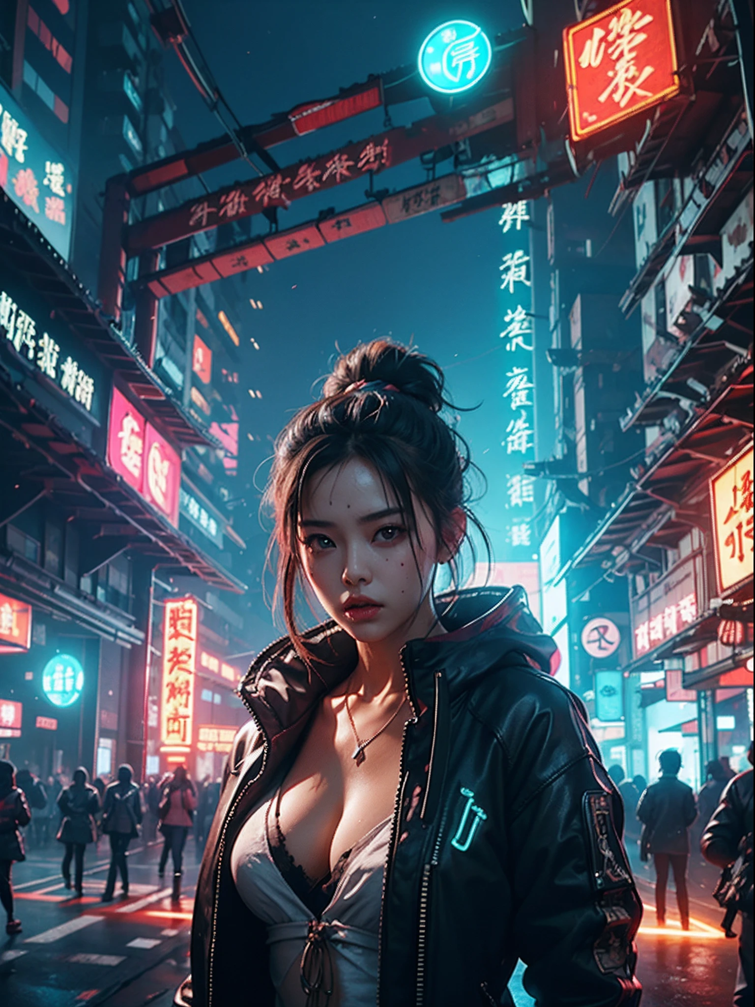 1 cyberpunk girl, Best quality, masterpiece, ultra high res, (photorealistic:1.4), xiuxian, weapon, cleavage, (glowing neon lights:1.2),xiuxian, upper body, ((east asian cyberpunk architecture))