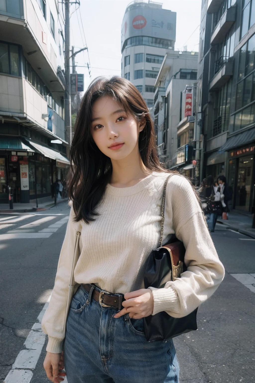 (masutepiece 、Best Quality 、HDR UHD 、Professional)、(Photorealsitic:1.4)、1girl in、A Japanese Lady、Natural light、(Looking at Viewer:1.331)、Posing、on tokyo street、Looks fun、Levi's 501、