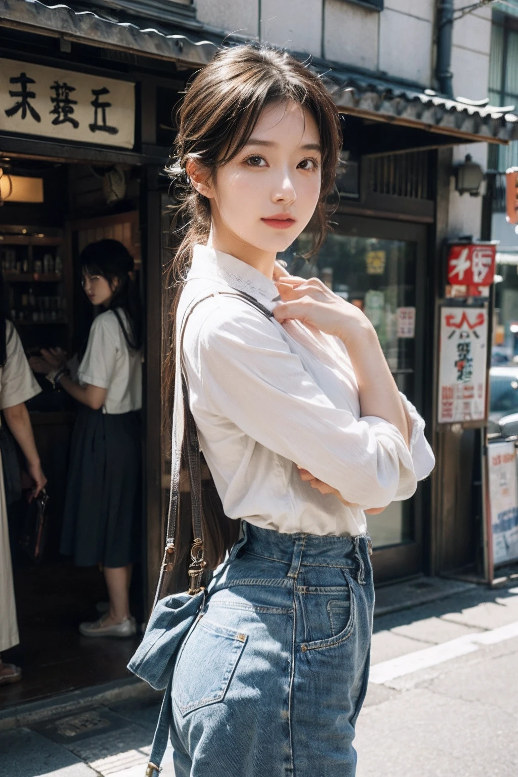 (masutepiece 、Best Quality 、HDR UHD 、Professional)、(Photorealsitic:1.4)、1girl in、A Japanese Lady、Natural light、(Looking at Viewer:1.331)、Posing、on tokyo street、Looks fun、Levi's 501、