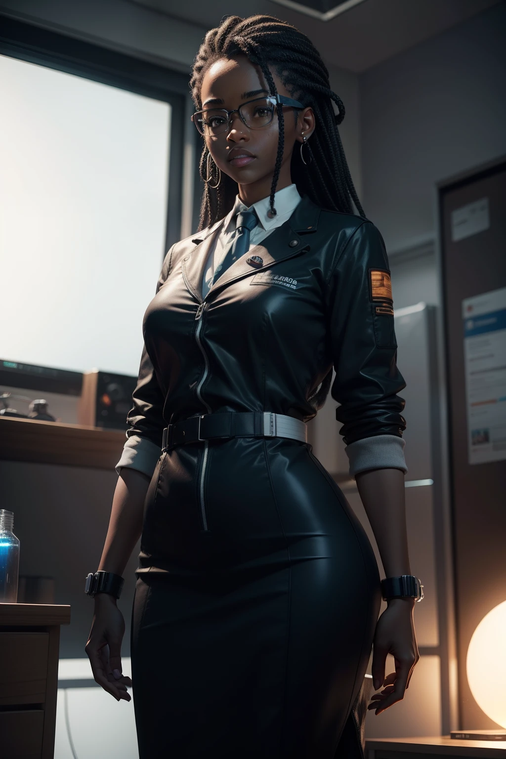 Doctor Mia is a black scientist who works in a lab building a robot. de corpo inteiro, detalhes muito altos, 8K, profundidade de campo, fotografia behance , cinematic color grading, cinematic composition, alto contraste, 5D, estilo pixar, ultra sharp, luzes globais, retoque, 3D, -uplight 