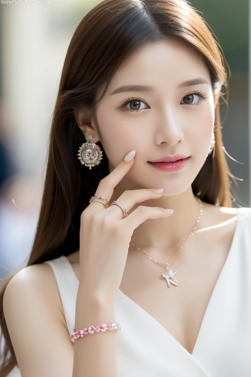 (((８Very high resolution in K, high detailing, highly accurate, masutepiece))),Photography & realistic atmosphere,shinny skin,Beautiful skin,fine-grained white skin,Detailed face,Detailed eyes、green colored eyes,Very pretty eyes,sparkly eyes,Detailed lips、Very beautiful face,、Real Face,shiny beautiful lips,Glossy lips,Beautiful eyebrows,Urban background、The ultimate makeup close to no makeup,The best natural makeup for professional fashion models(((８K,very high res, high detailing, High Definition, masutepiece))),Japan idle,韓国アイドル,Very beautiful woman,Very beautiful girl,Very shapely medium-breasted,、Ornaments that match beautiful fashion(((high-detail,high detal,​masterpiece,Simple and elegant ornaments,a necklace,Bracelets, the ring, piercings,))),Adornments designed to the smallest detail,,Summer Casual Fashion,Photograph the whole body,Very beautiful 17 year old Japan woman,,Colorful dress with a beautiful silhouette that sticks to design,Colorful dresses made with attention to detail,Beautiful colorful pattern dress,Wearing beautiful heeled sandals,very beautiful hair with brown hair and shiny,Stylish and very beautiful,Teary-eyed,Gentle smile,watching at viewers, Beautiful but a little innocent,natural soft light,(((photorealisim))),Reality Live Action,Nail art and beautiful nails,Beautiful legs、beauty legs,Beautiful thighs seen through the skirt,Beautiful standing figure,fully body photo,turned around,超A high resolution、A masterpiece of high detail,Face,Natural realistic face,Natural light of the city