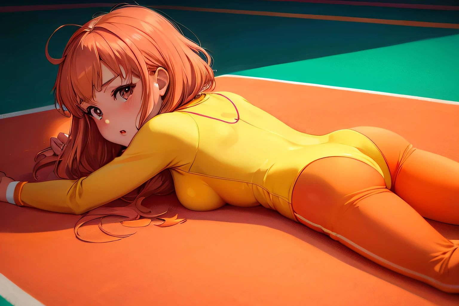 Anime - style image of woman in yellow leotard lying on tennis court, asuka suit under clothes!, Smooth Anime CG Art, Ilya Kuvshinov. 4 k, Trending on CGSTATION, by Kentaro Miura, Seductive Anime Girl, photorealistic anime girl render, full body zenkai! asuka suit, Art styles : Ilya Kuvshinov