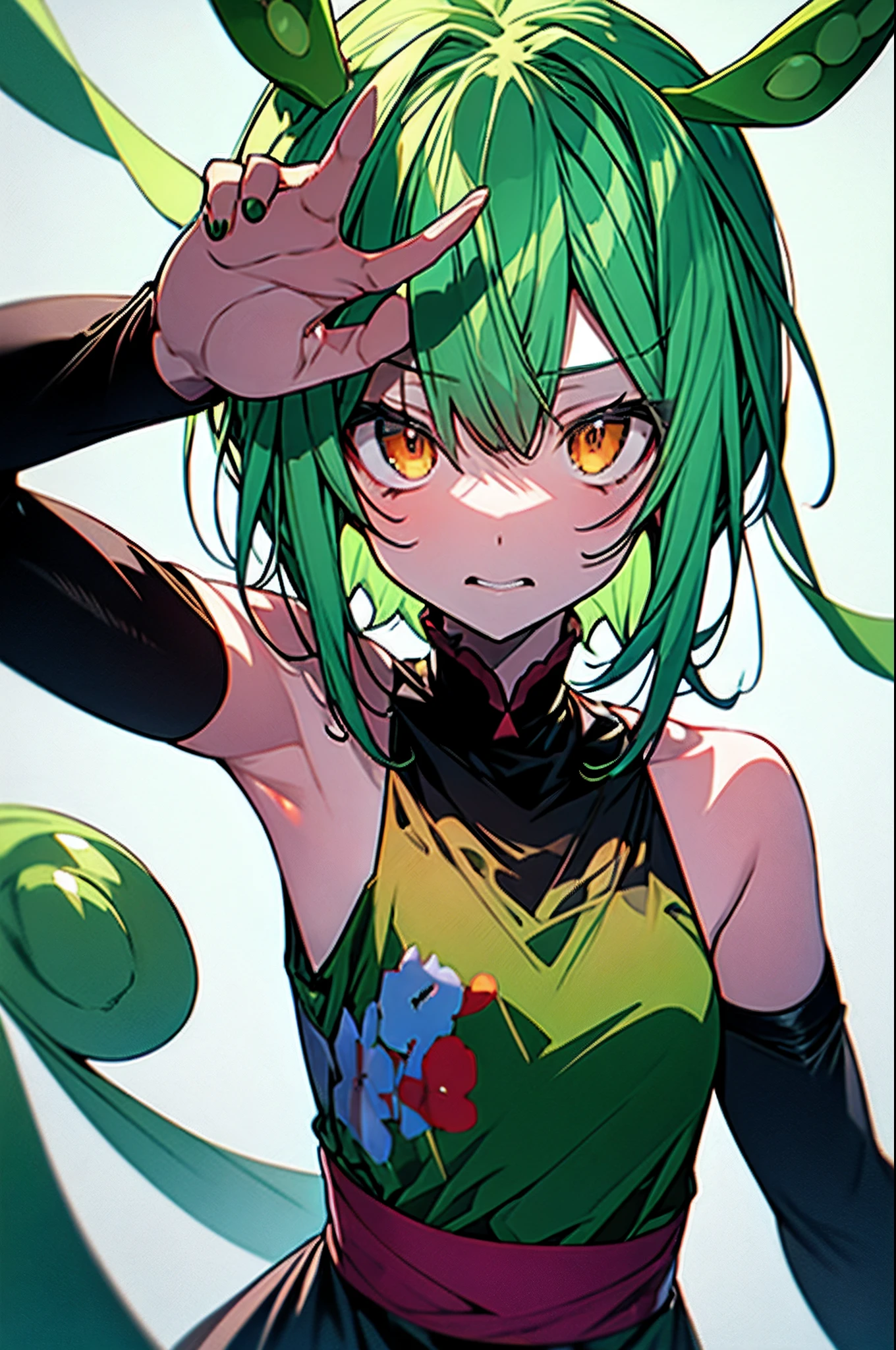 masutepiece, Best Quality, Green hair、Orange Eyes, Face, Simple background,